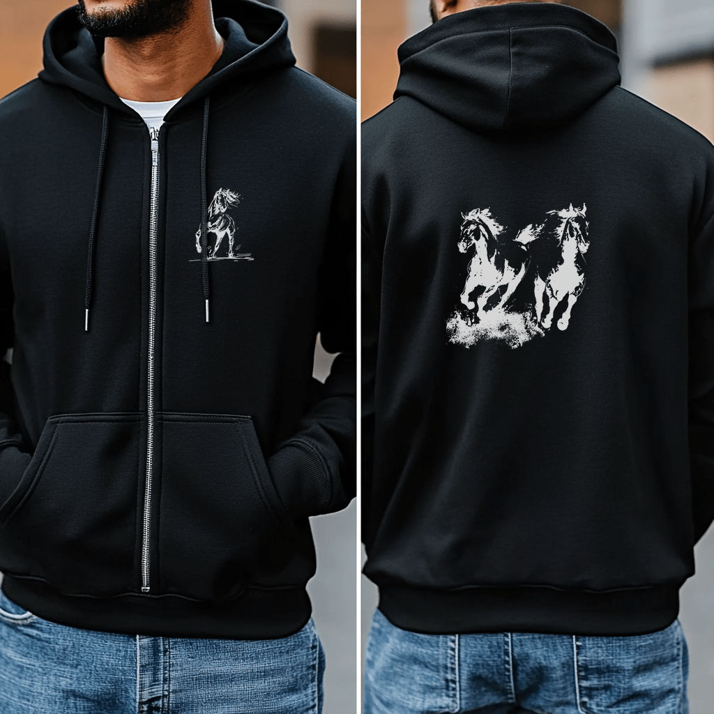 Wild Horses Full - Zip Hoodie, Horse Art Jacket, Western Horse Love - FlooredByArt