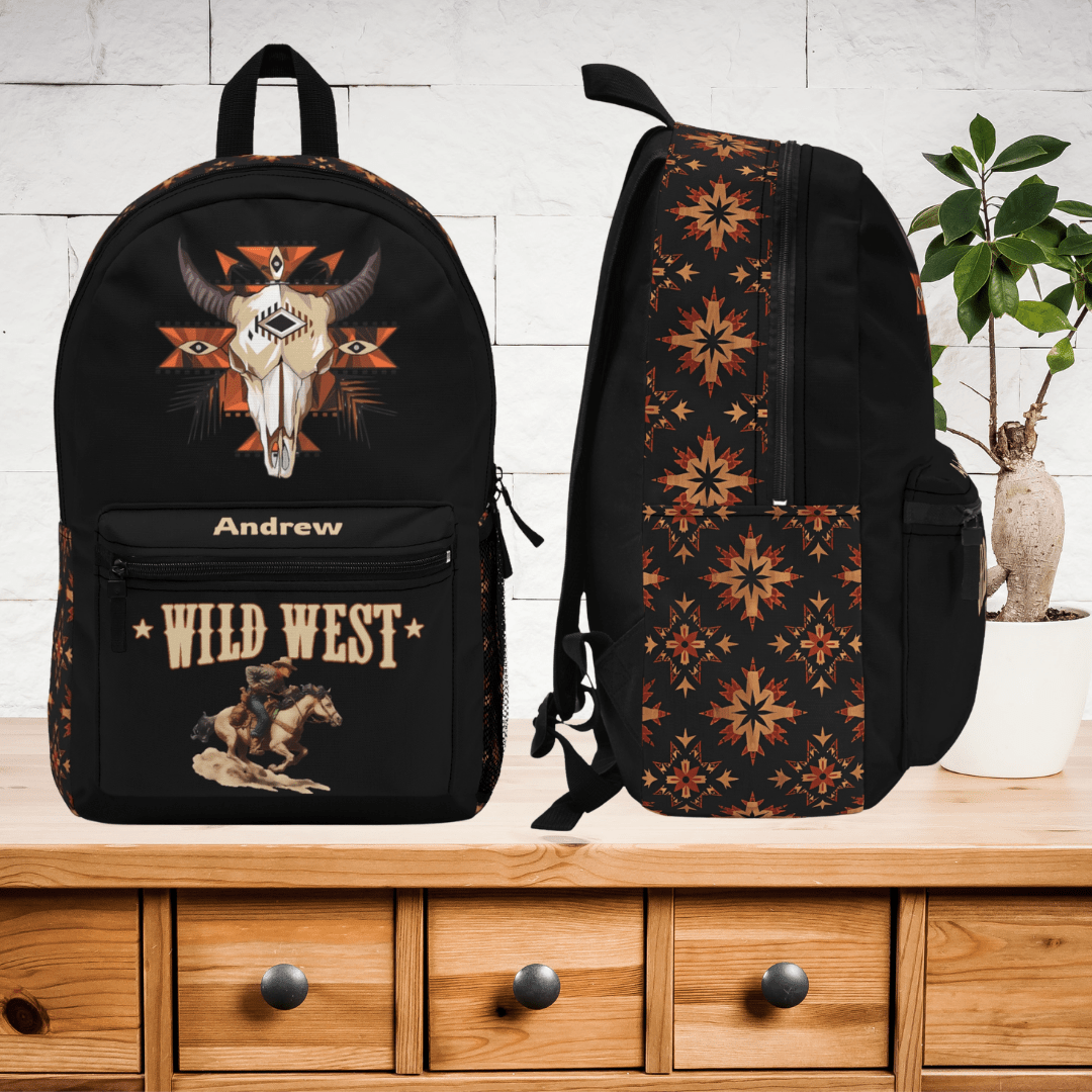 Wild West Cowboy Backpack for Boys - Personalized Aztec Bull Skull - FlooredByArt