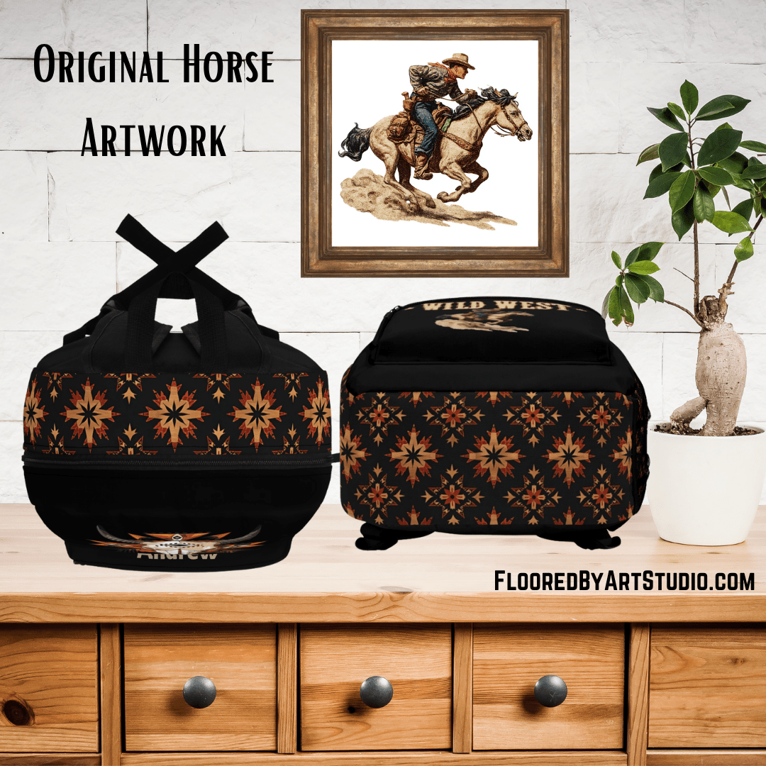 Wild West Cowboy Backpack for Boys - Personalized Aztec Bull Skull - FlooredByArt