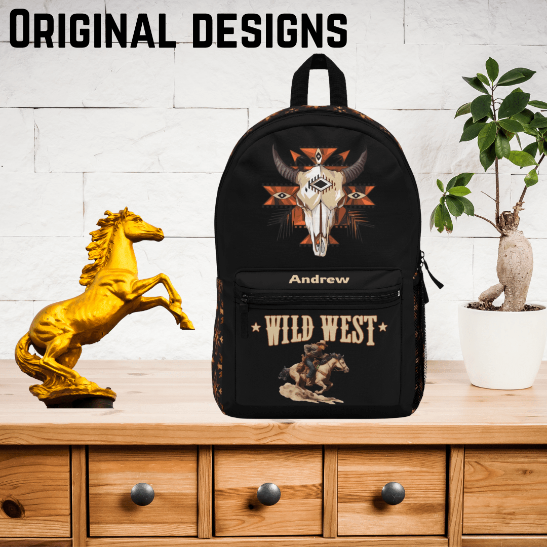 Wild West Cowboy Backpack for Boys - Personalized Aztec Bull Skull - FlooredByArt