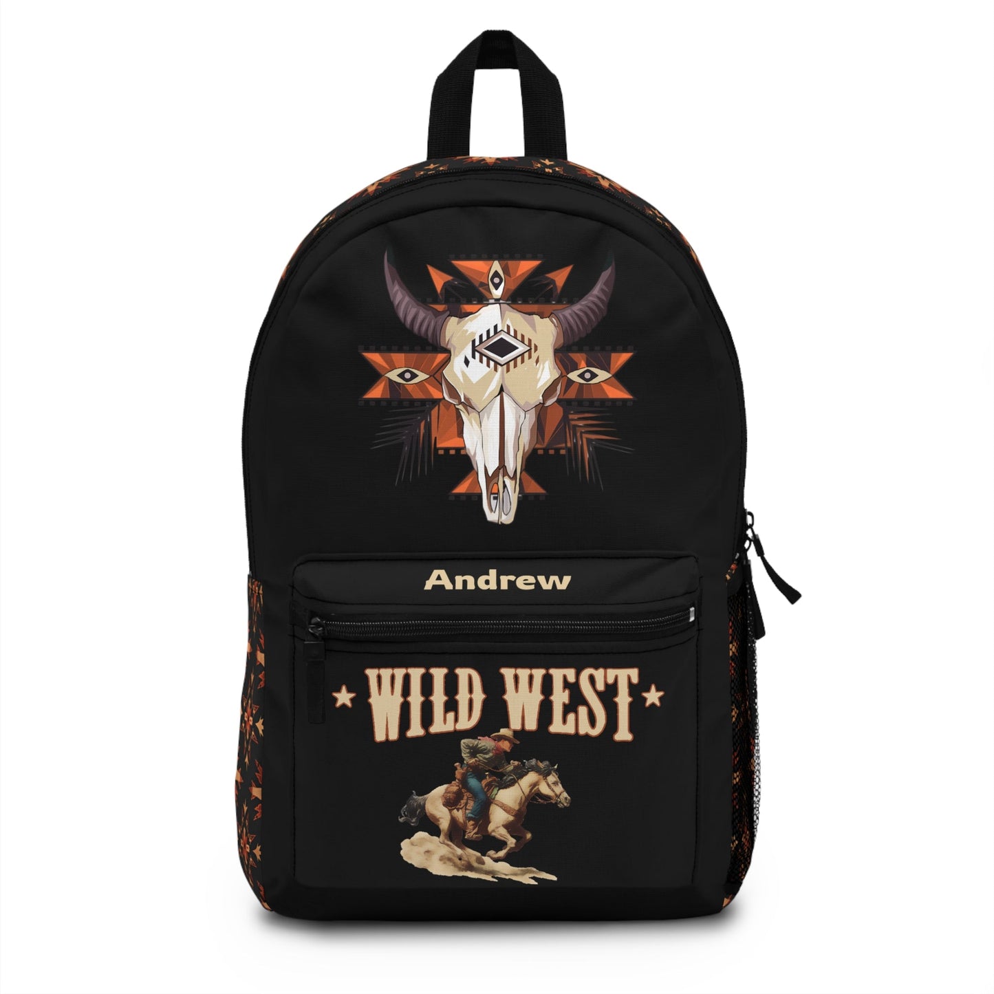 Wild West Cowboy Backpack for Boys - Personalized Aztec Bull Skull Bookbag, Western School Bag, Horse Rider Gift - FlooredByArt