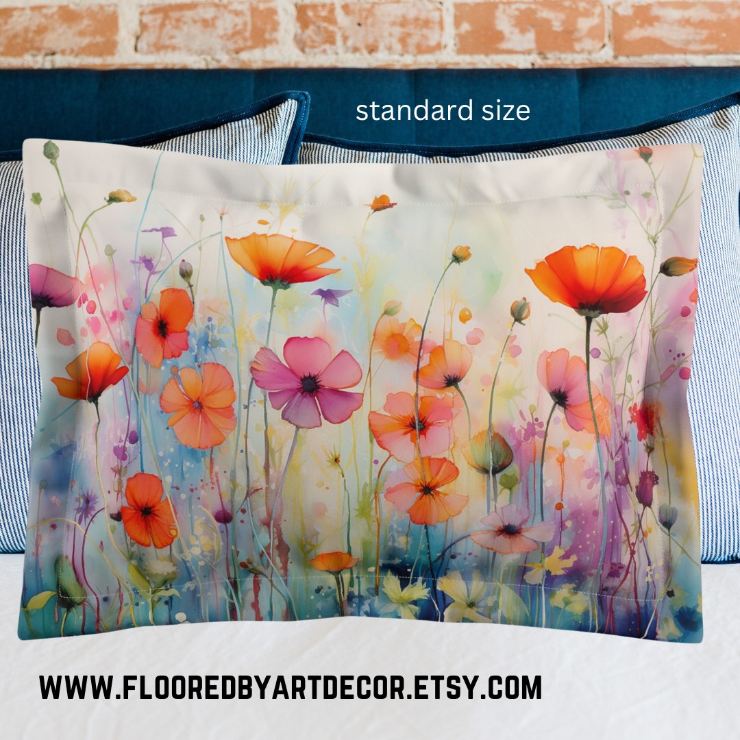 Wildflower Poppies Pillow Sham, Watercolor Art Colorful Accent - FlooredByArt