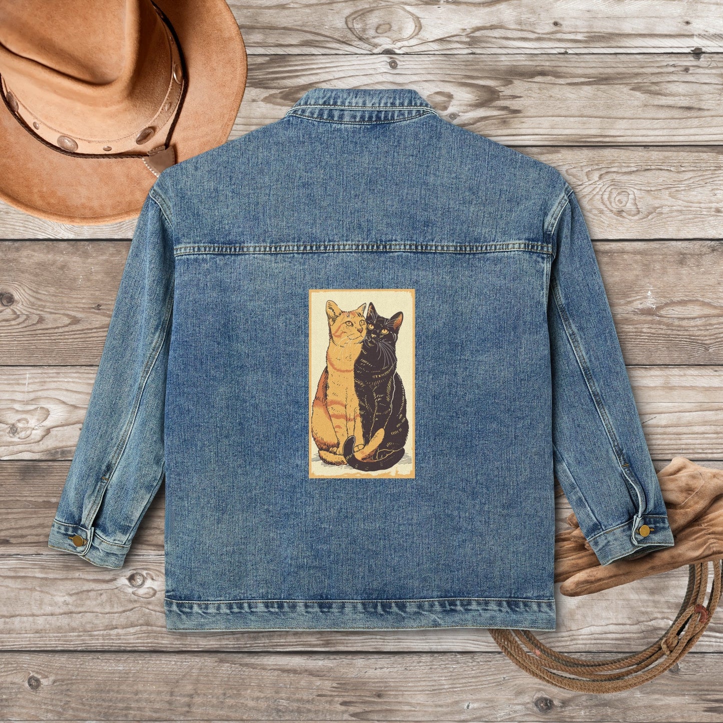 Women's Black Cat and Tabby Cat Jean Jacket, Cotton Denim Cats Jacket - FlooredByArt