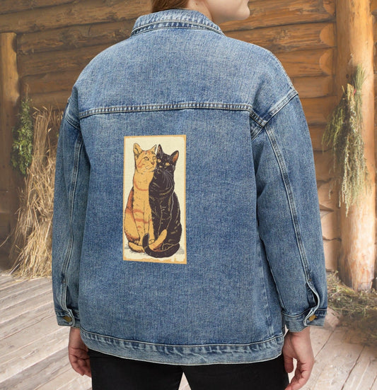 Women's Black Cat and Tabby Cat Jean Jacket, Cotton Denim Cats Jacket - FlooredByArt