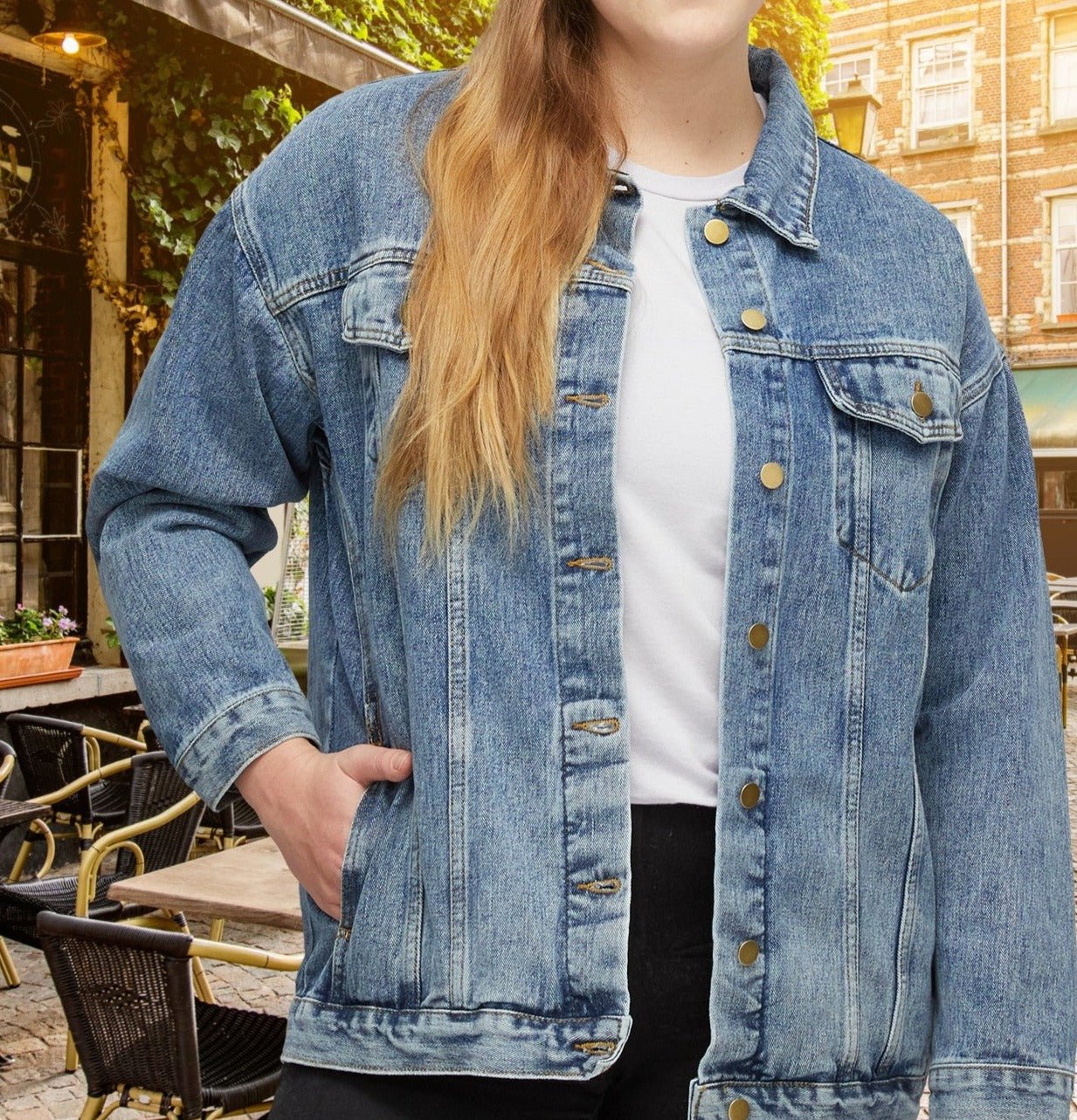 Womens Blue Jean Jacket, Southwestern style Floral Cactus Cotton Denim - FlooredByArt