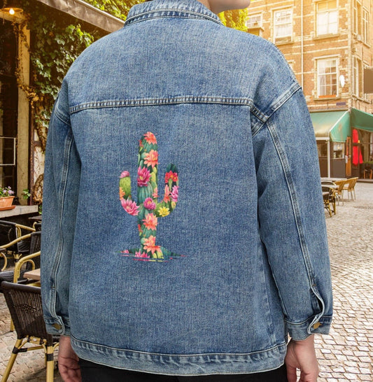 Womens Blue Jean Jacket, Southwestern style Floral Cactus Cotton Denim - FlooredByArt