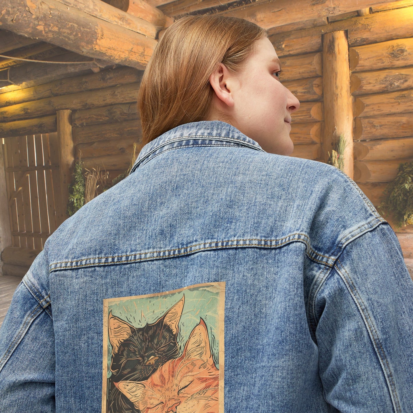 Women's Cat Jean Jacket, Cute Sleeping Black cat and Orange Tabby Cat Cotton Denim - FlooredByArt