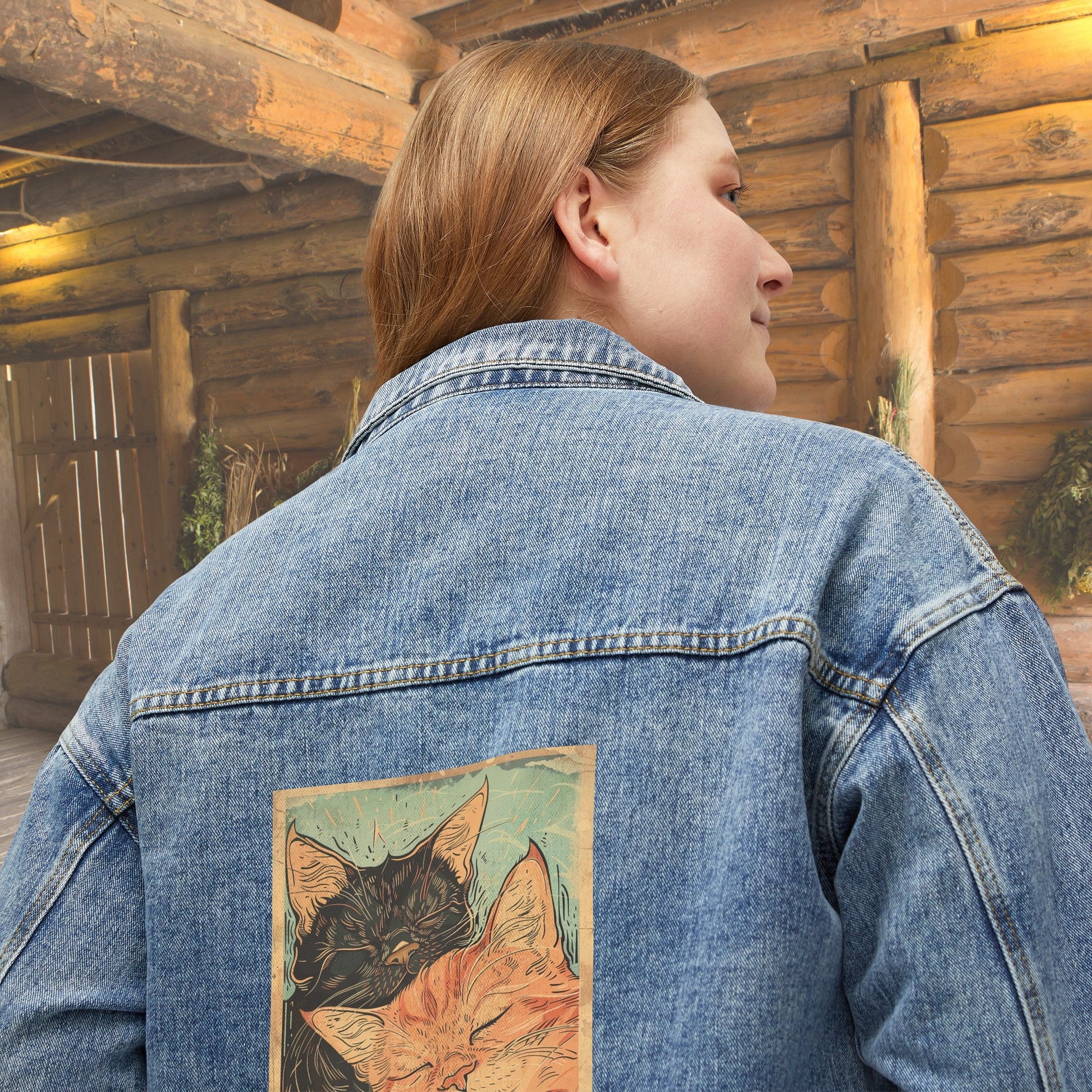 Women's Cat Jean Jacket, Cute Sleeping Black cat and Orange Tabby Cat Cotton Denim - FlooredByArt