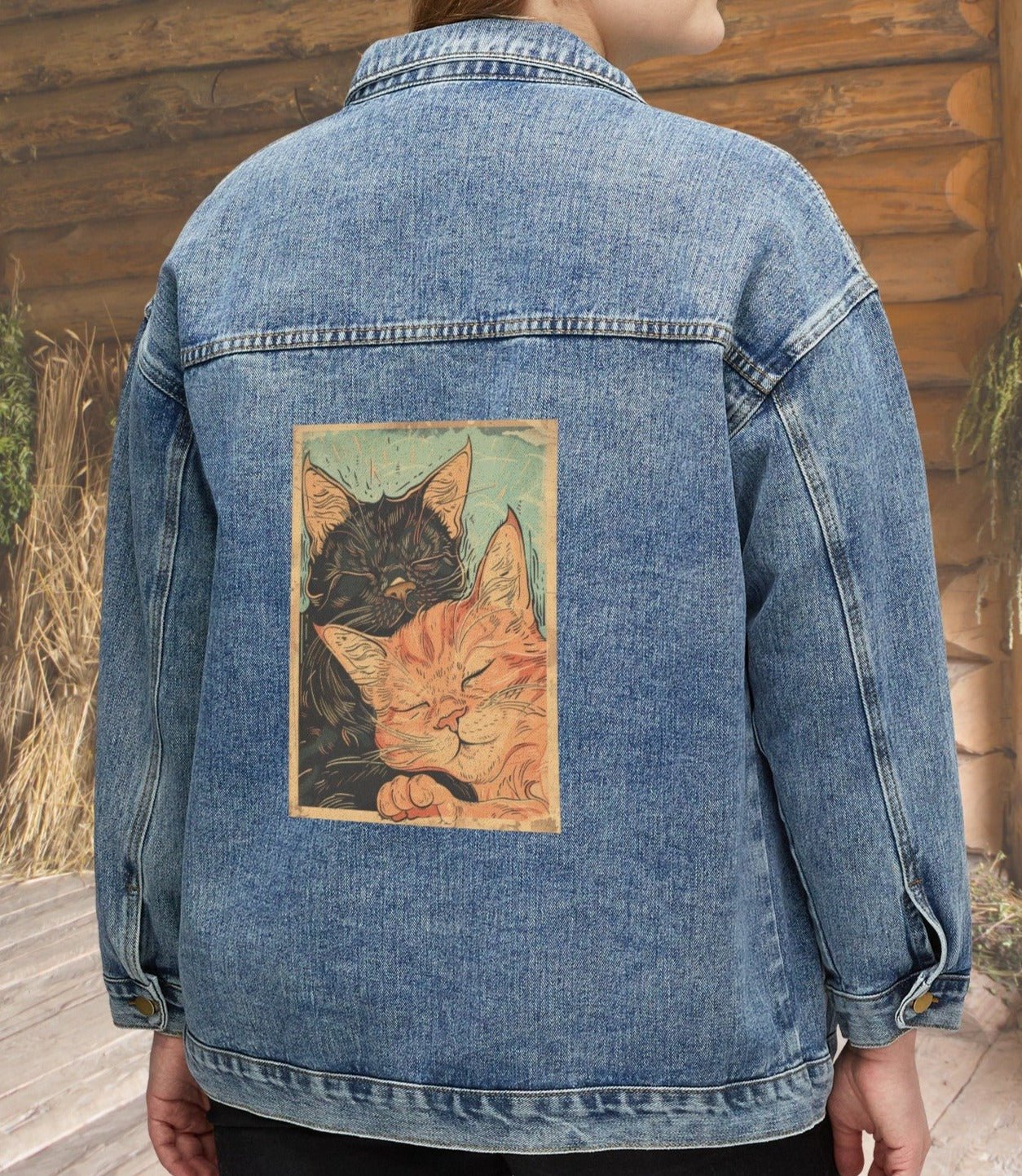 Women's Cat Jean Jacket, Cute Sleeping Black cat and Orange Tabby Cat Cotton Denim - FlooredByArt
