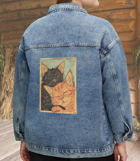 Women's Cat Jean Jacket, Cute Sleeping Black cat and Orange Tabby Cat Cotton Denim - FlooredByArt