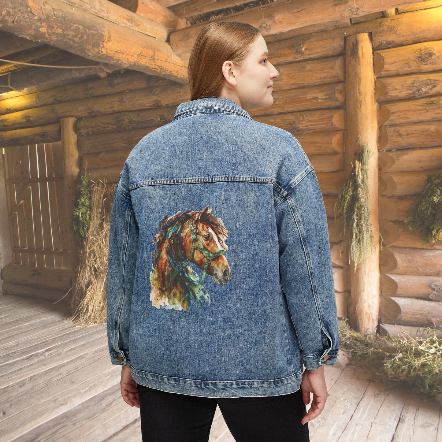 Women's Draft Horse Jean Jacket, Cotton Denim Spirit Horse Draft Horse, Spirit Animal - FlooredByArt