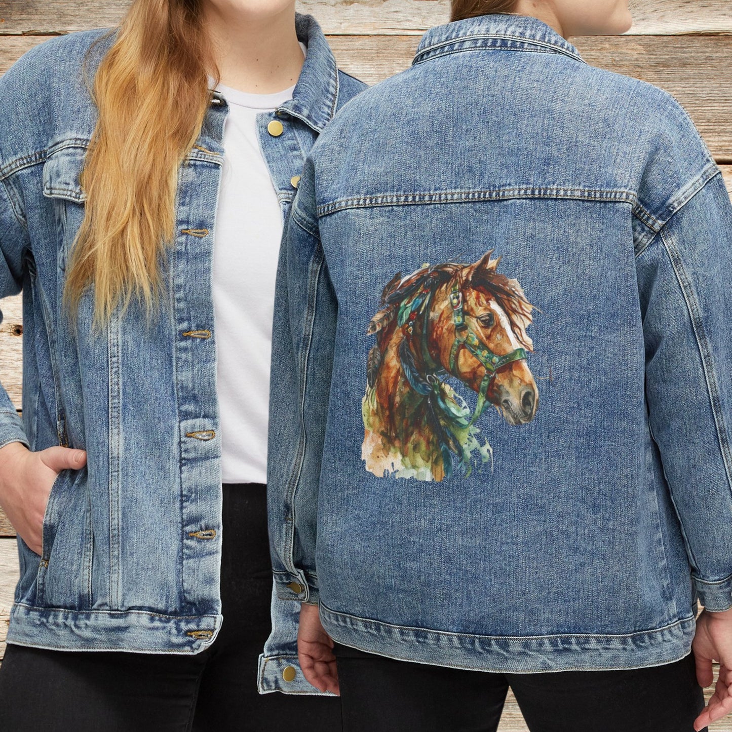 Women's Draft Horse Jean Jacket, Cotton Denim Spirit Horse Draft Horse, Spirit Animal - FlooredByArt