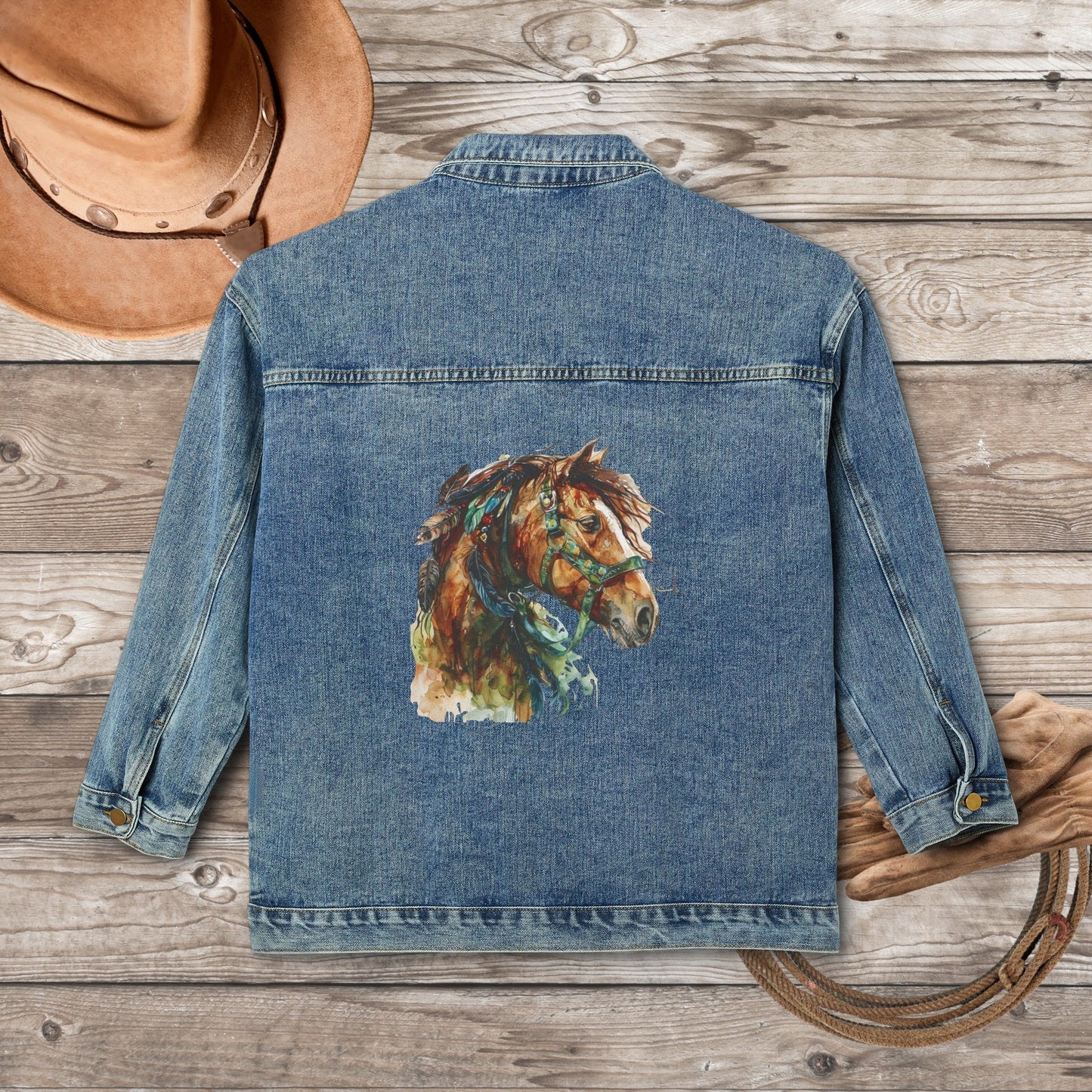Women's Draft Horse Jean Jacket, Cotton Denim Spirit Horse Draft Horse, Spirit Animal - FlooredByArt