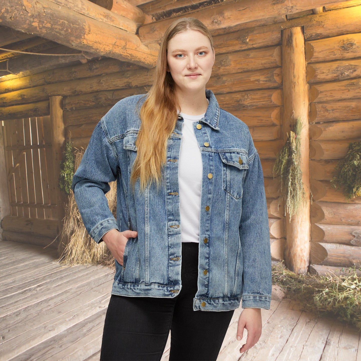 Women's Floral Horse Jean Jacket, Cotton Denim Women's Draft Horse Barn Coat - FlooredByArt