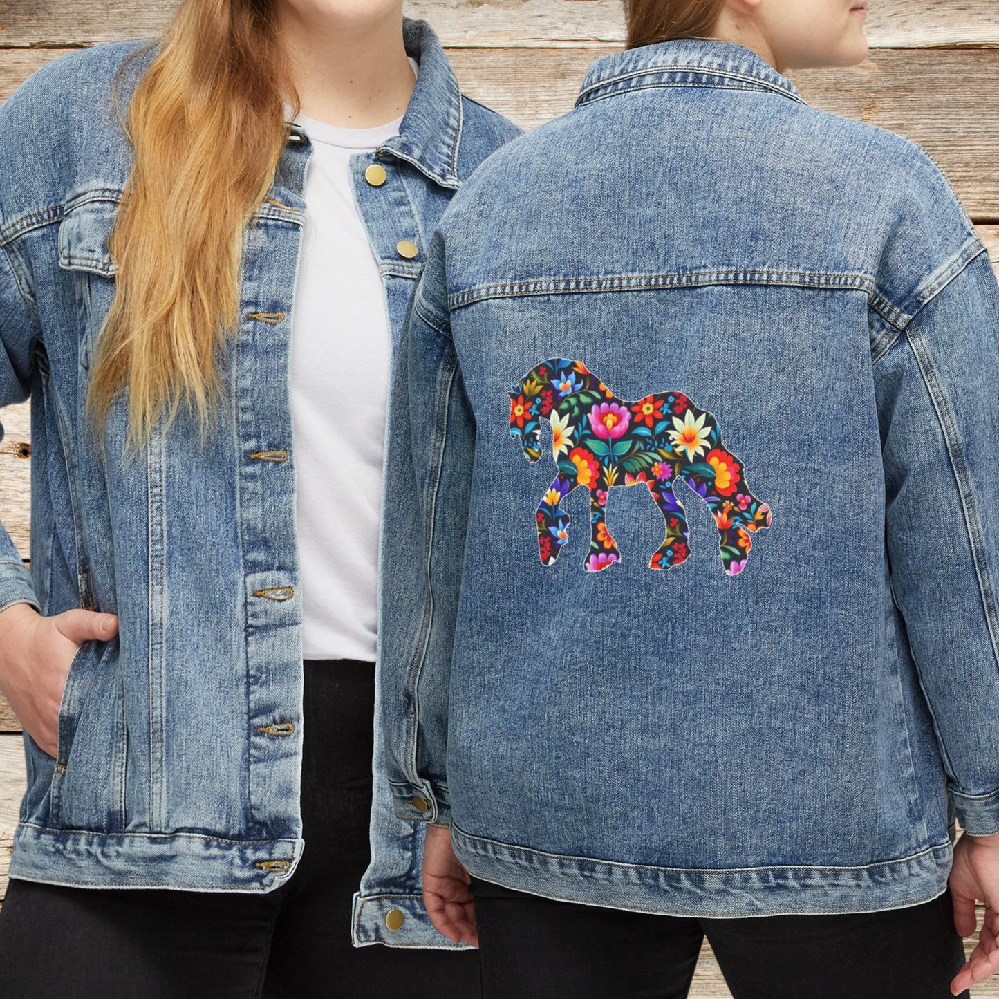 Women's Floral Horse Jean Jacket, Cotton Denim Women's Draft Horse Barn Coat - FlooredByArt