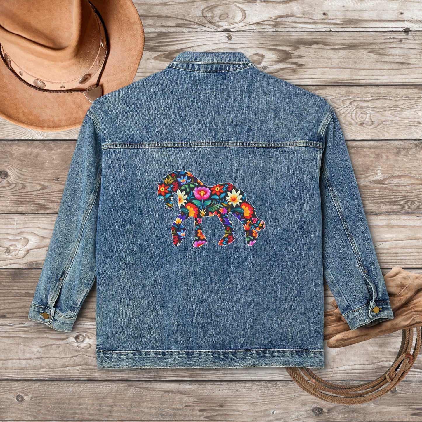 Women's Floral Horse Jean Jacket, Cotton Denim Women's Draft Horse Barn Coat - FlooredByArt