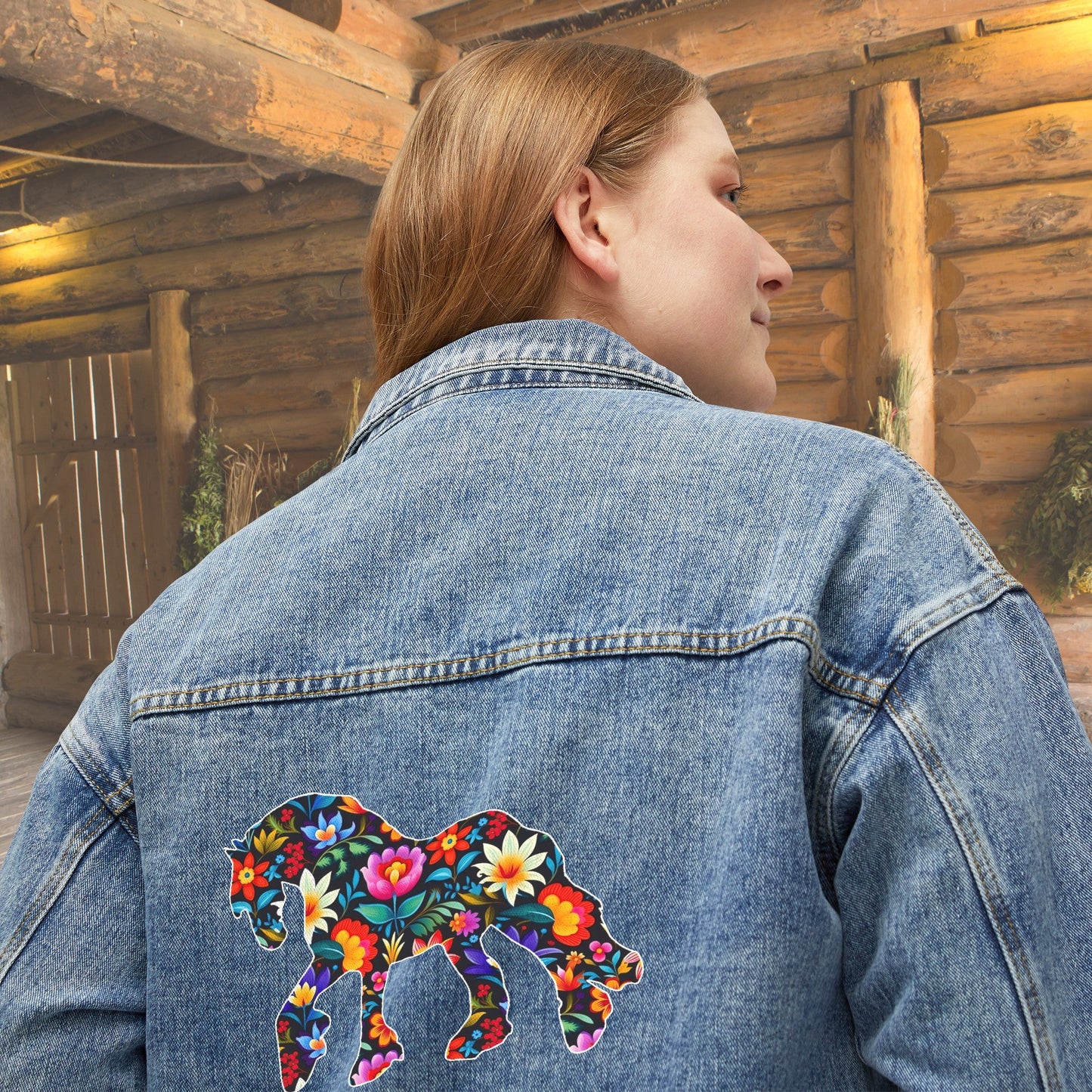 Women's Floral Horse Jean Jacket, Cotton Denim Women's Draft Horse Barn Coat - FlooredByArt