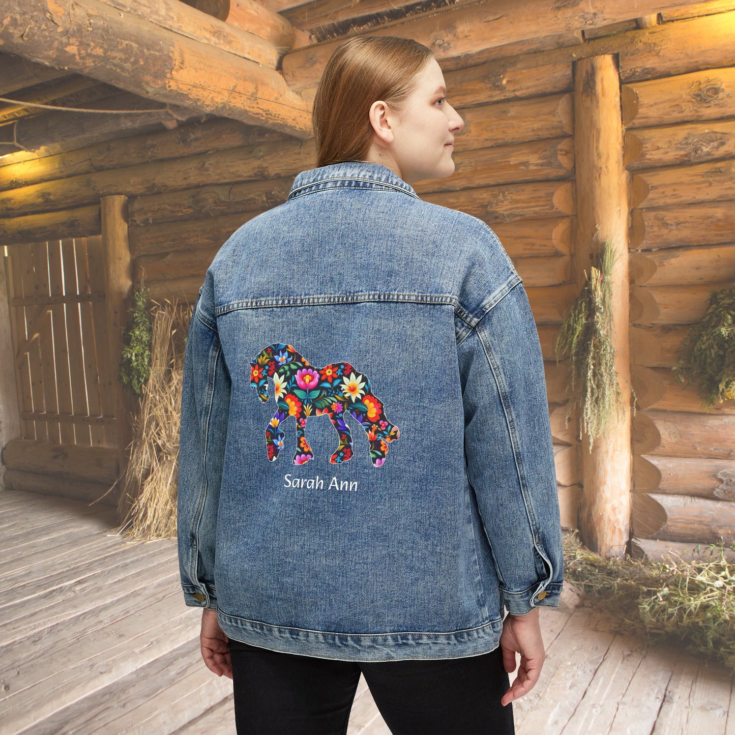 Women's Floral Horse Jean Jacket, Cotton Denim Women's Draft Horse Barn Coat - FlooredByArt