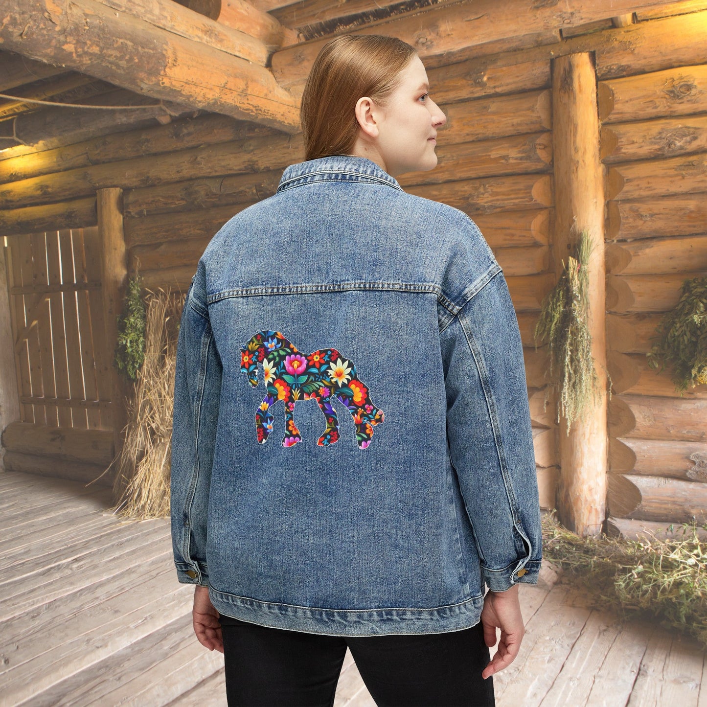 Women's Floral Horse Jean Jacket, Cotton Denim Women's Draft Horse Barn Coat - FlooredByArt