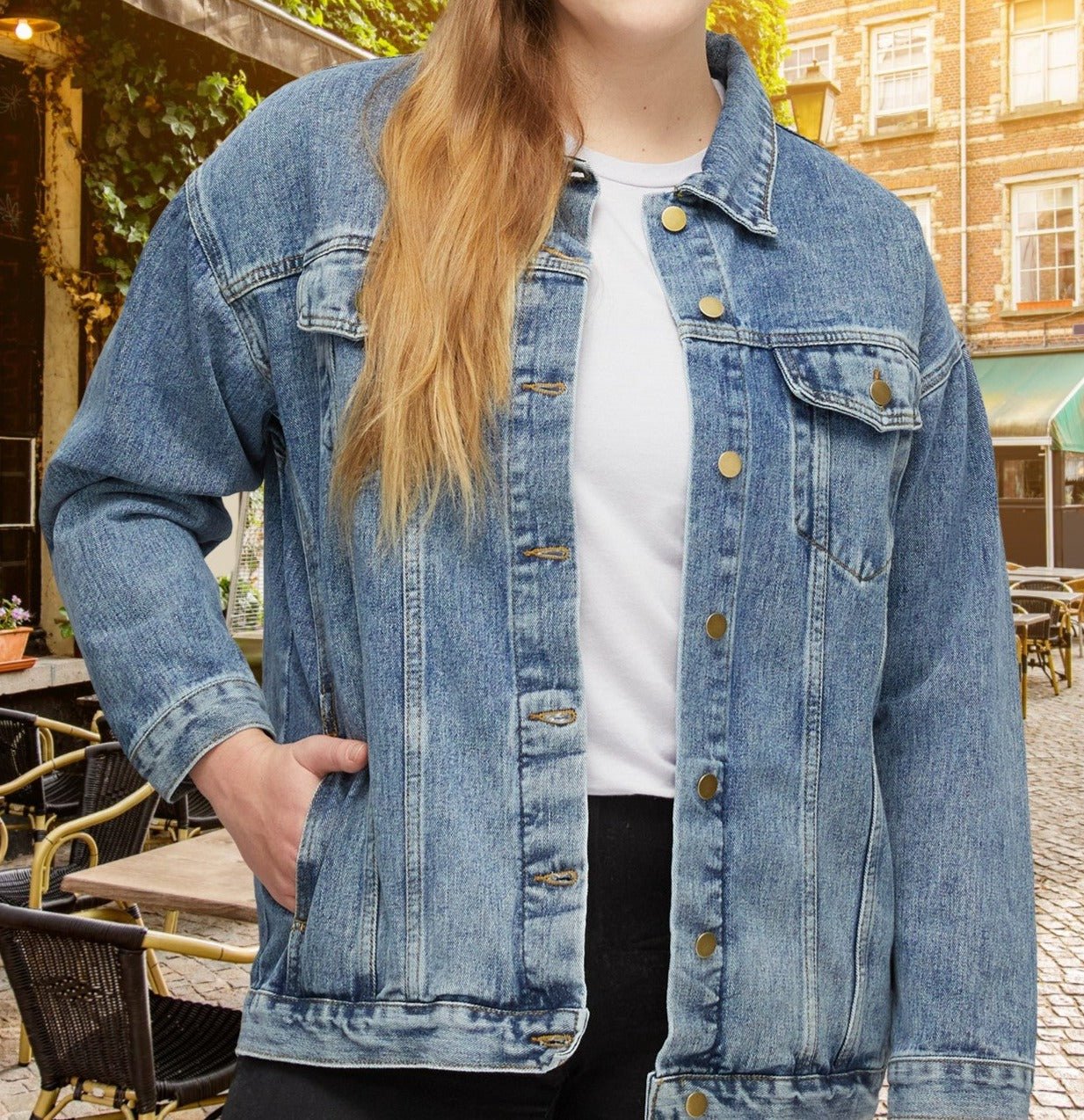 Womens or Mens Blue Jean Jacket, Southwestern style Thunderbird Totem Cotton Denim - FlooredByArt