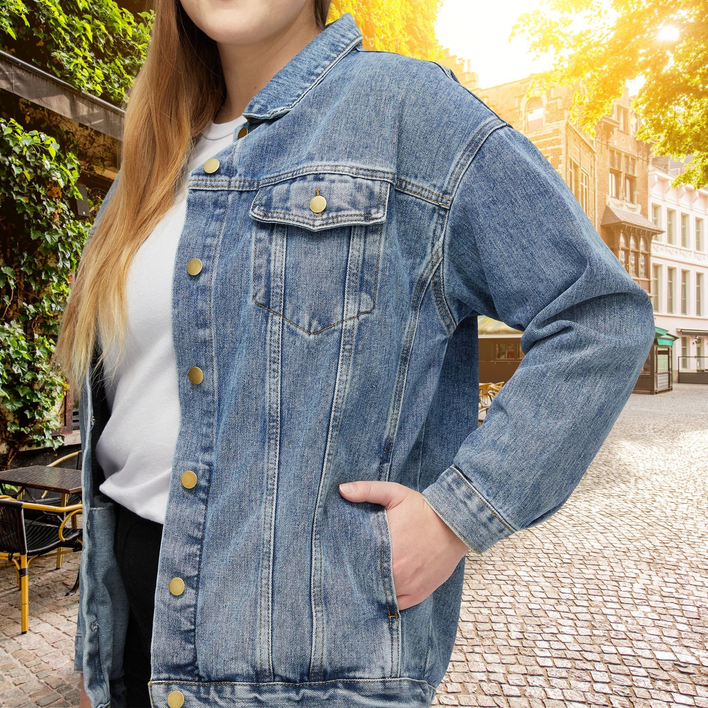 Womens or Mens Blue Jean Jacket, Southwestern style Thunderbird Totem Cotton Denim - FlooredByArt