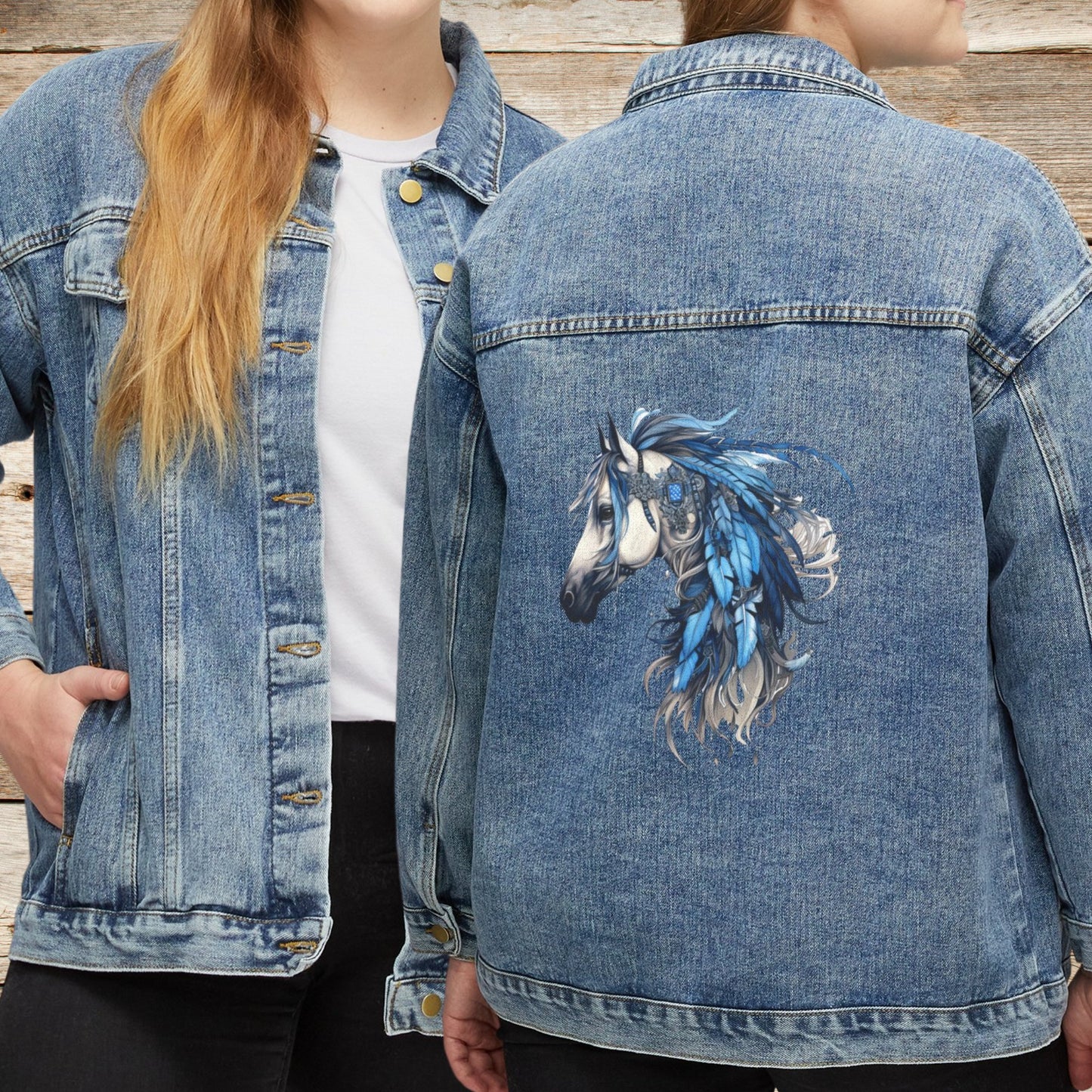Women's Spirit Horse Jean Jacket, Cotton Denim Horse Printed Barn Coat - FlooredByArt