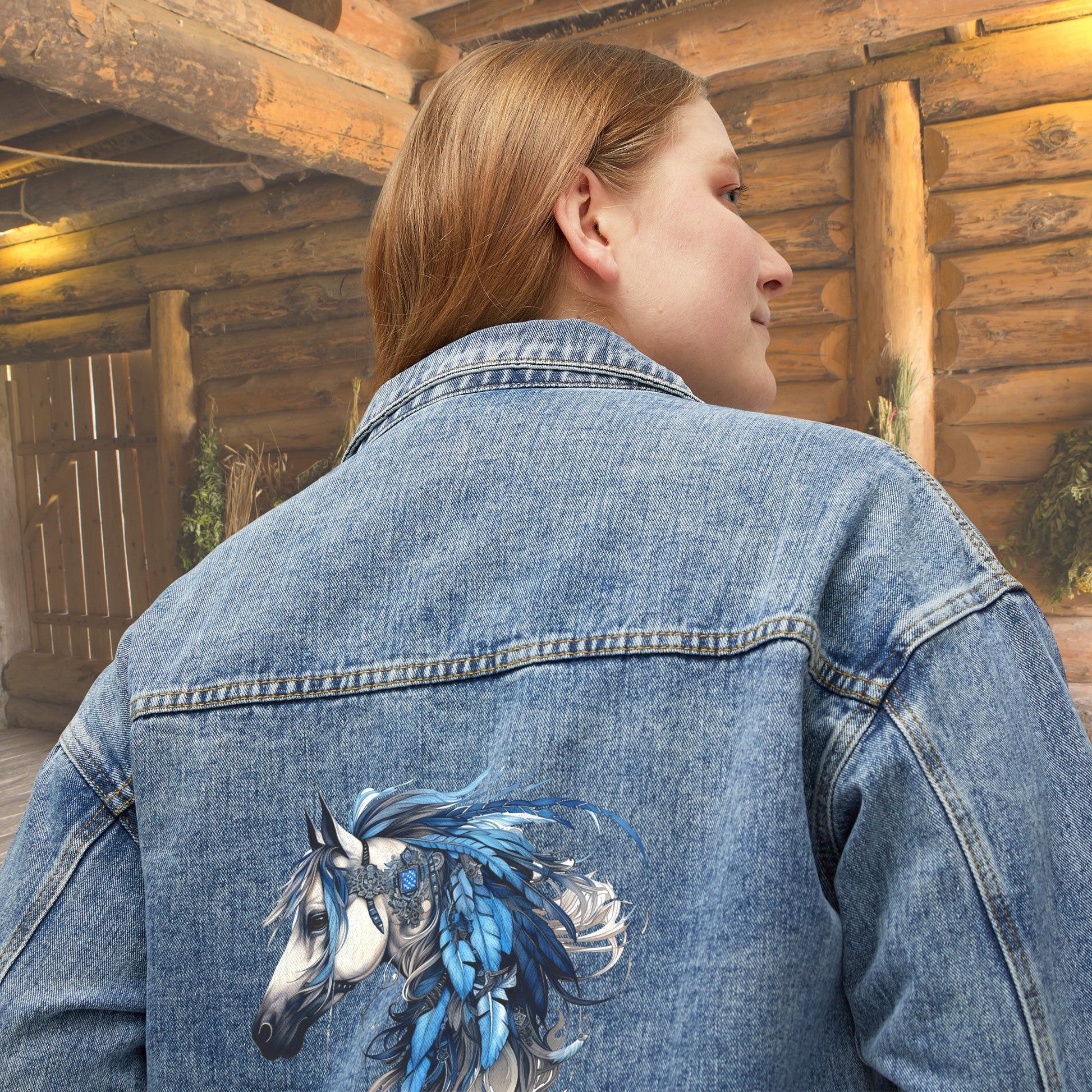 Women's Spirit Horse Jean Jacket, Cotton Denim Horse Printed Barn Coat - FlooredByArt