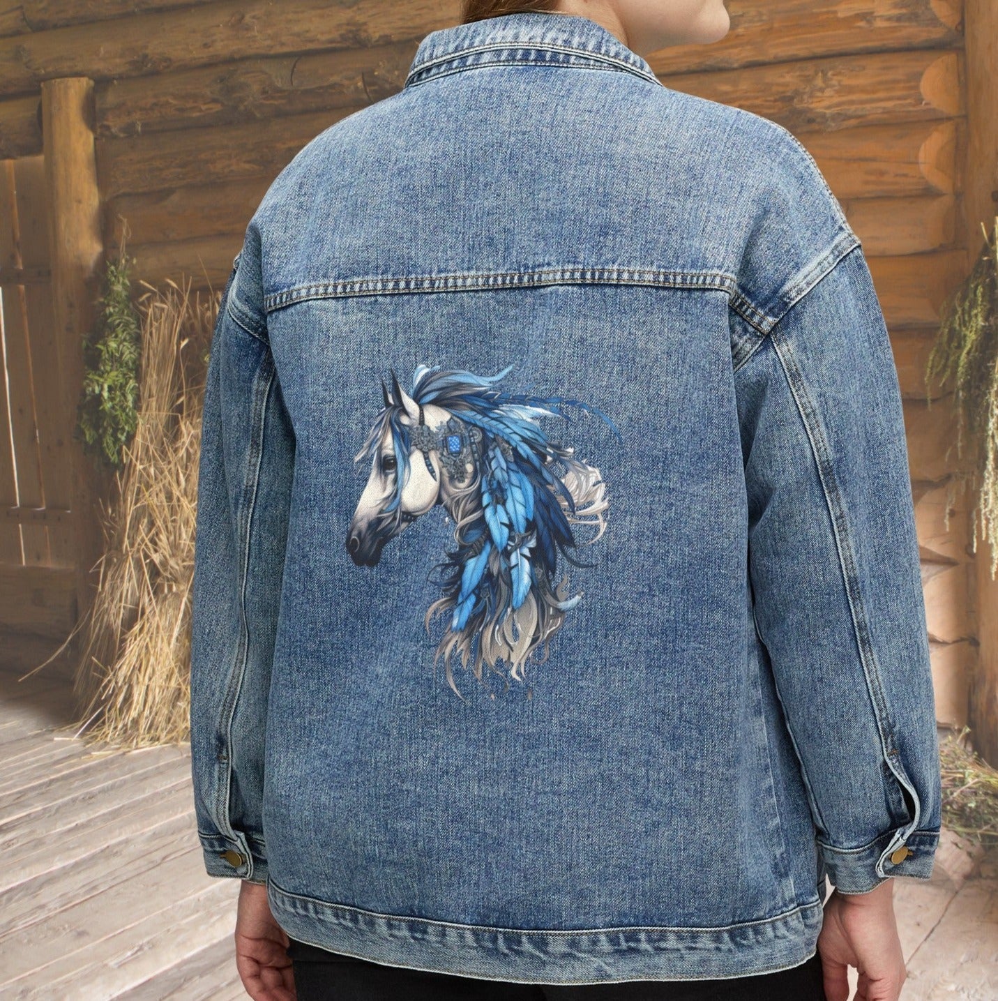 Women's Spirit Horse Jean Jacket, Cotton Denim Horse Printed Barn Coat - FlooredByArt