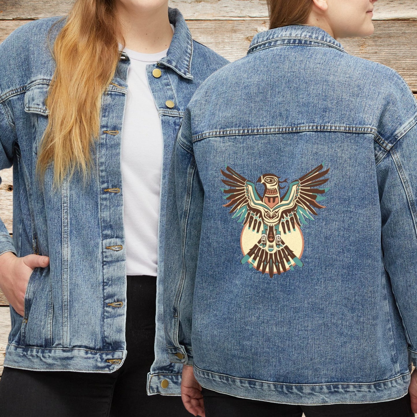 Women's Thunderbird Jean Jacket, Cotton Denim Native American Style Spirit - FlooredByArt