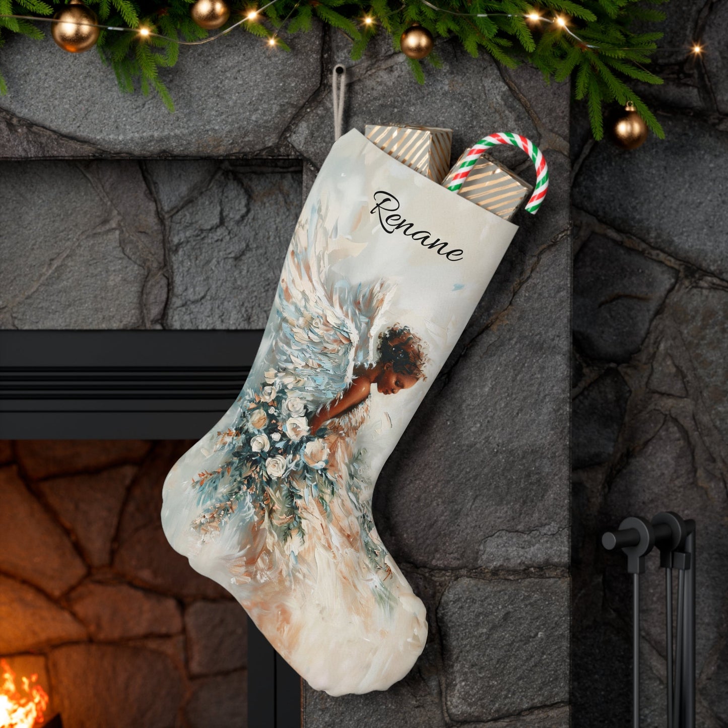 XLarge Angel Christmas stocking, Beautiful African American Stocking Family Gift - FlooredByArt
