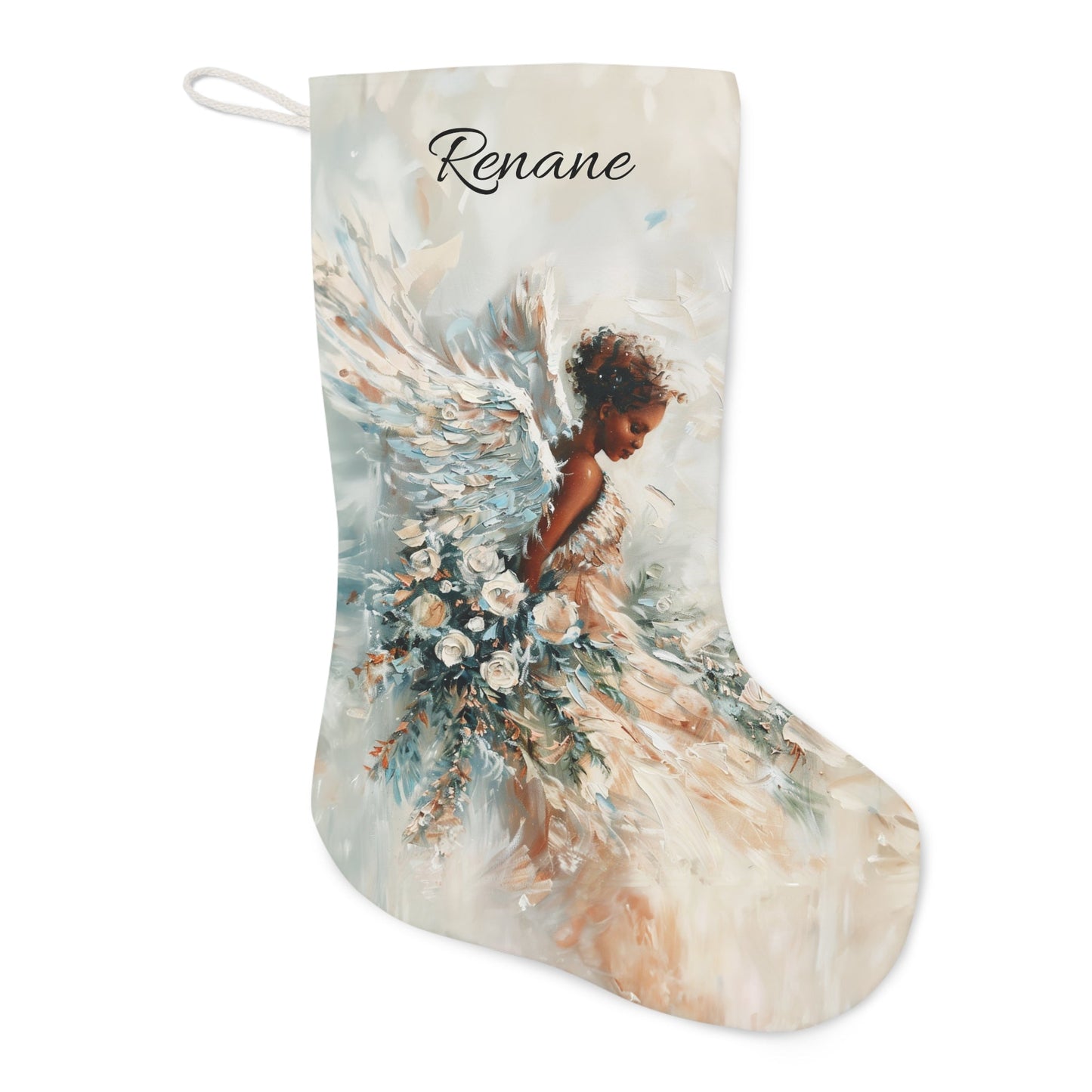 XLarge Angel Christmas stocking, Beautiful African American Stocking Family Gift - FlooredByArt