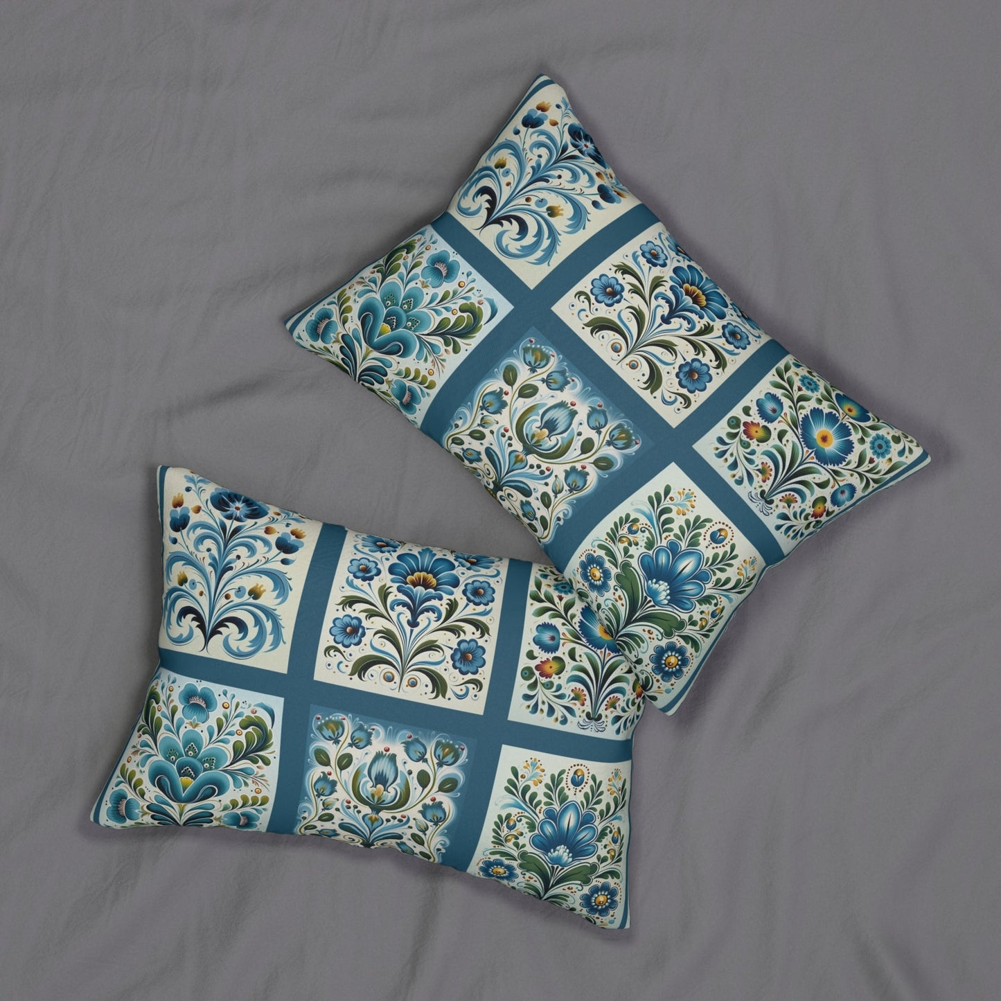 Blue Scandinavian Style Lumbar Pillow, Blue Folk Art Design - FlooredByArt