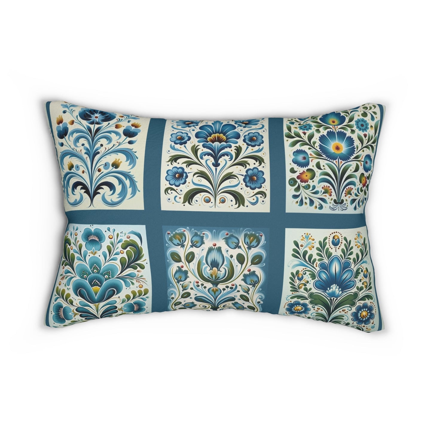 Blue Scandinavian Style Lumbar Pillow, Blue Folk Art Design - FlooredByArt