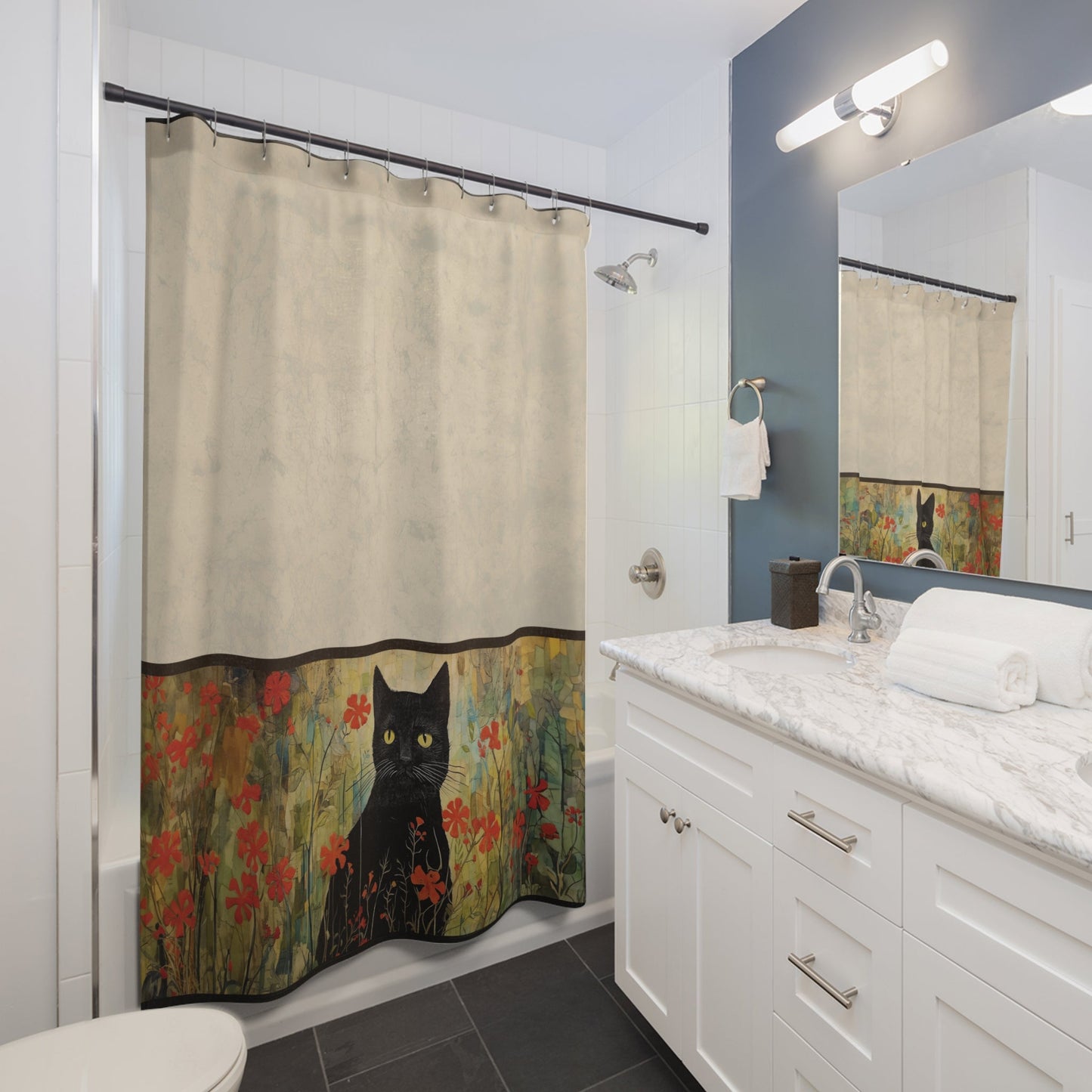 Boho Black Cat Shower Curtain, Boho Style Bathroom Decor, Unique Decor Design - FlooredByArt