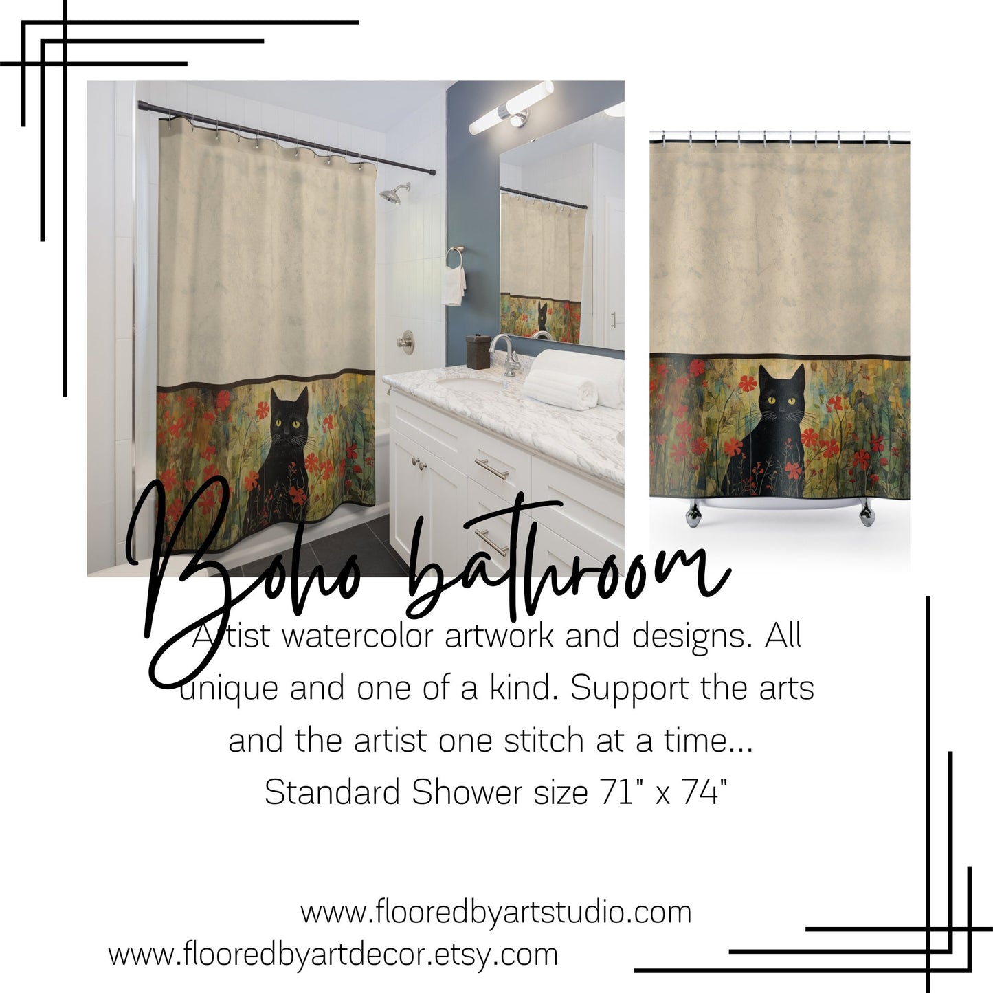 Boho Black Cat Shower Curtain, Boho Style Bathroom Decor, Unique Decor Design - FlooredByArt