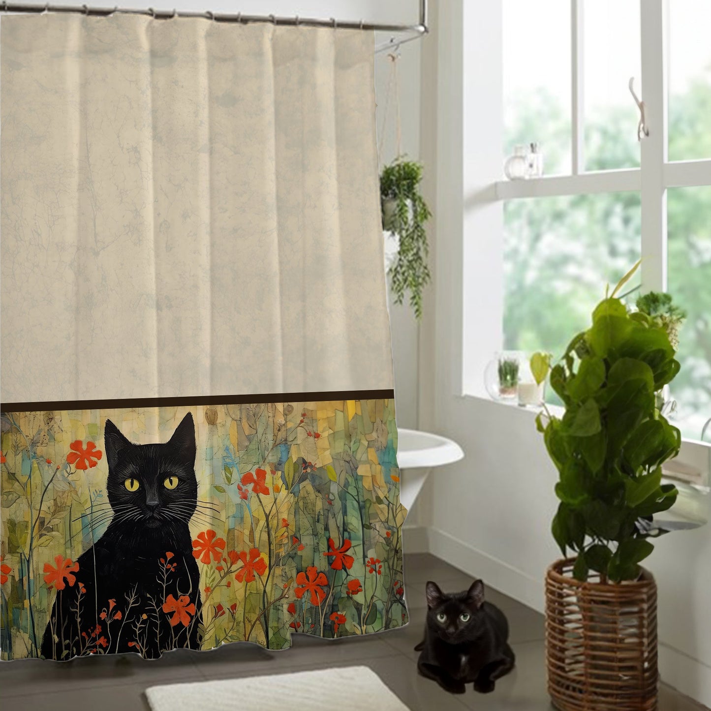 Boho Black Cat Shower Curtain, Boho Style Bathroom Decor, Unique Decor Design - FlooredByArt