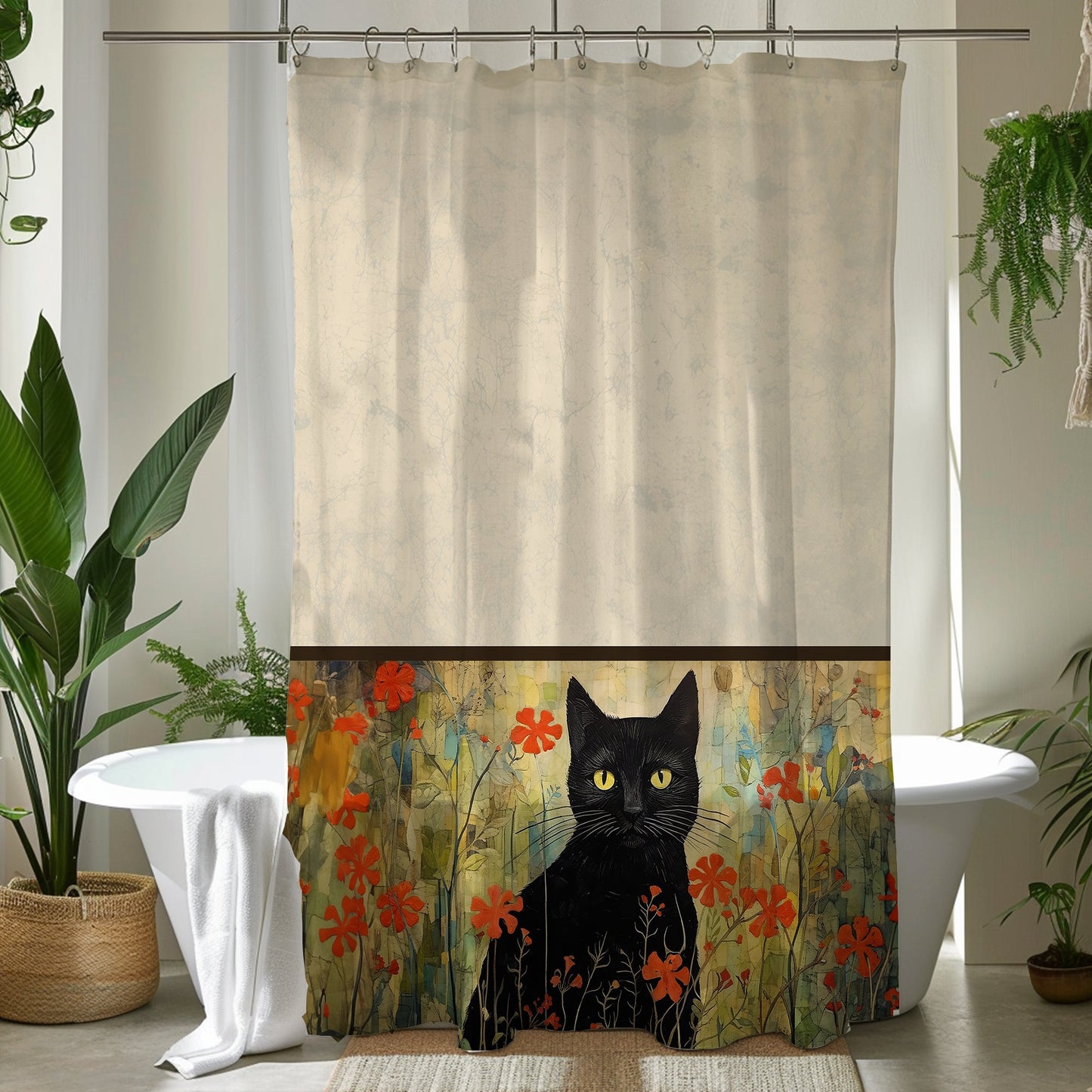 Boho Black Cat Shower Curtain, Boho Style Bathroom Decor, Unique Decor Design - FlooredByArt
