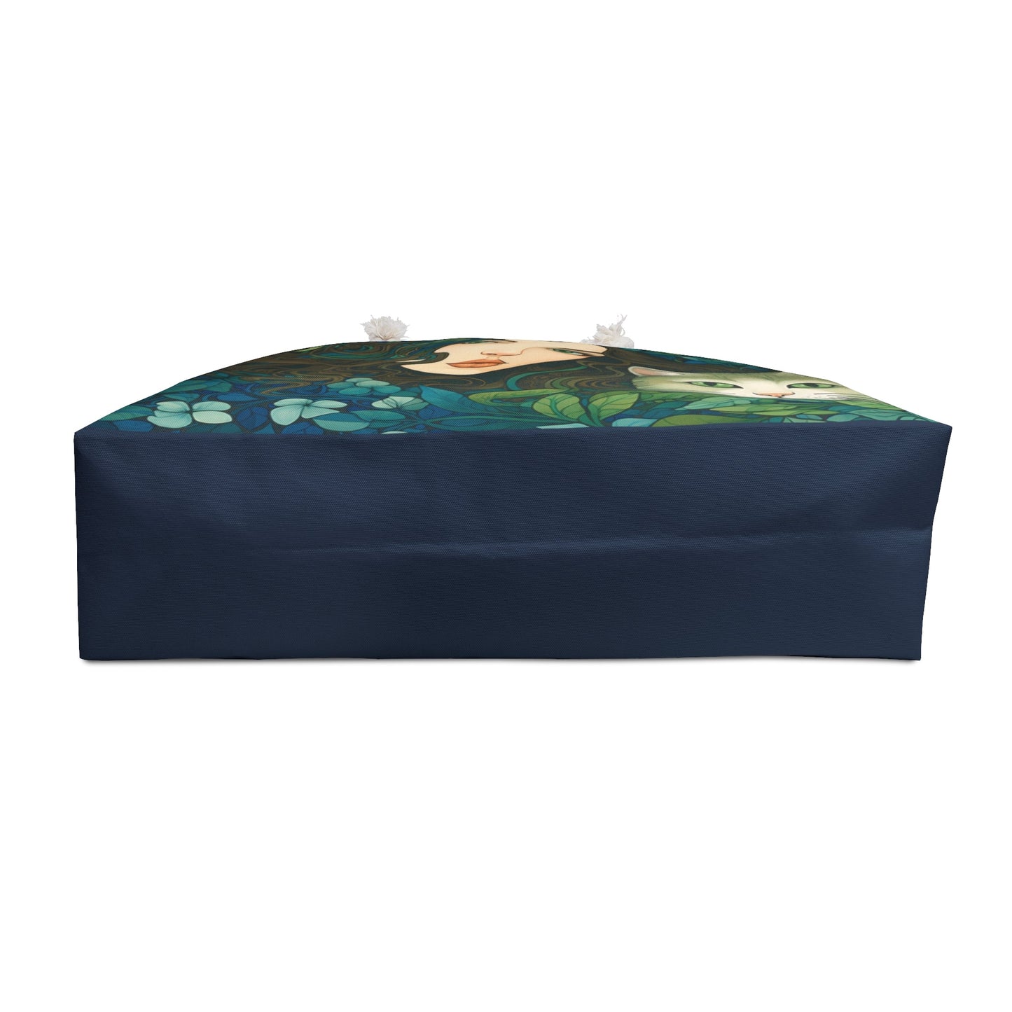 Cat Weekender Tote Bag, Lovely Woman and Cat with Cool Blues and Greens, Unique Art Work - FlooredByArt