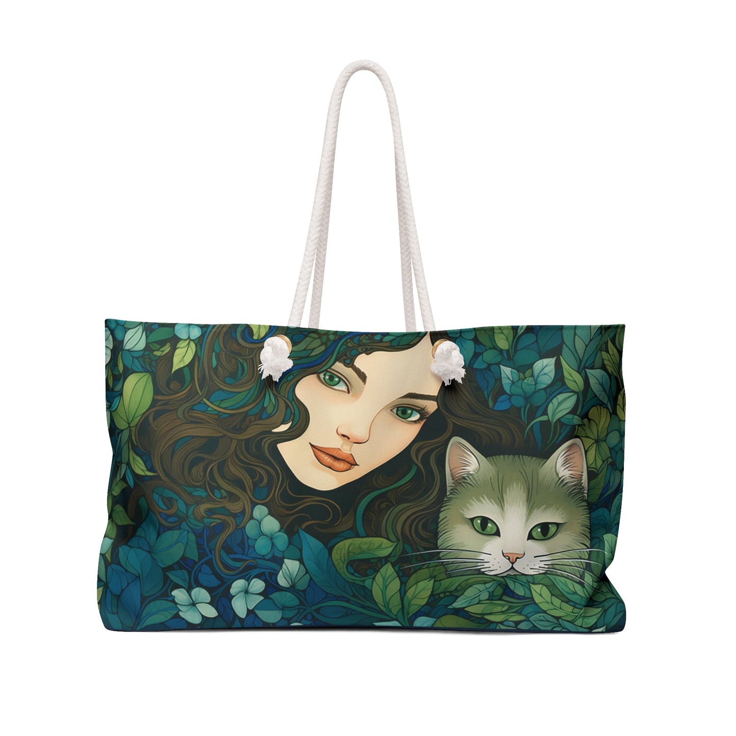 Cat Weekender Tote Bag, Lovely Woman and Cat with Cool Blues and Greens, Unique Art Work - FlooredByArt