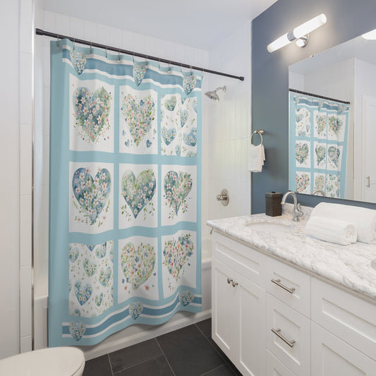 Country Calico Hearts Shower Curtain, Sweet Heart Boho Bathroom Decor - FlooredByArt