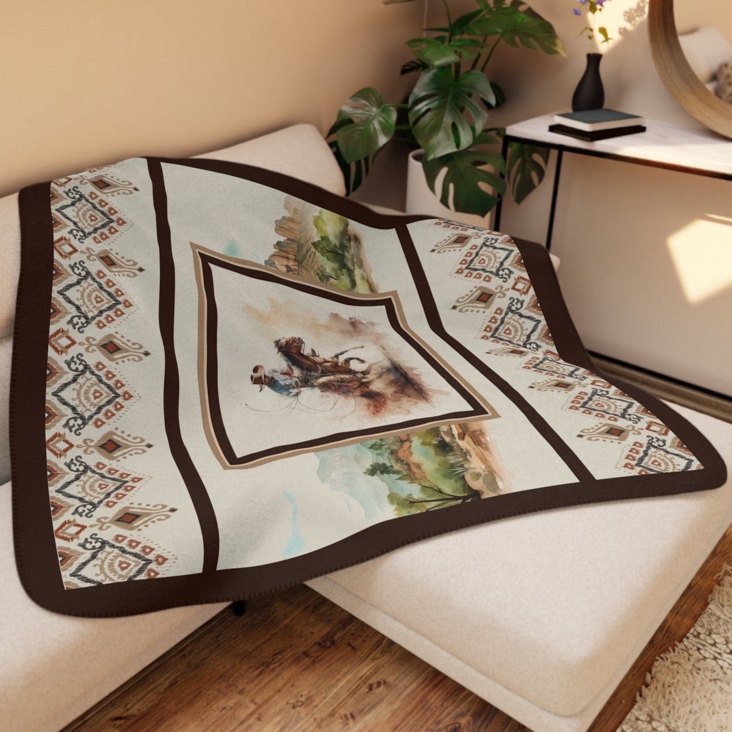 Cowboy Blanket, Western Horse Sherpa Throw, Southwest Colors, Watercolor Art - FlooredByArt