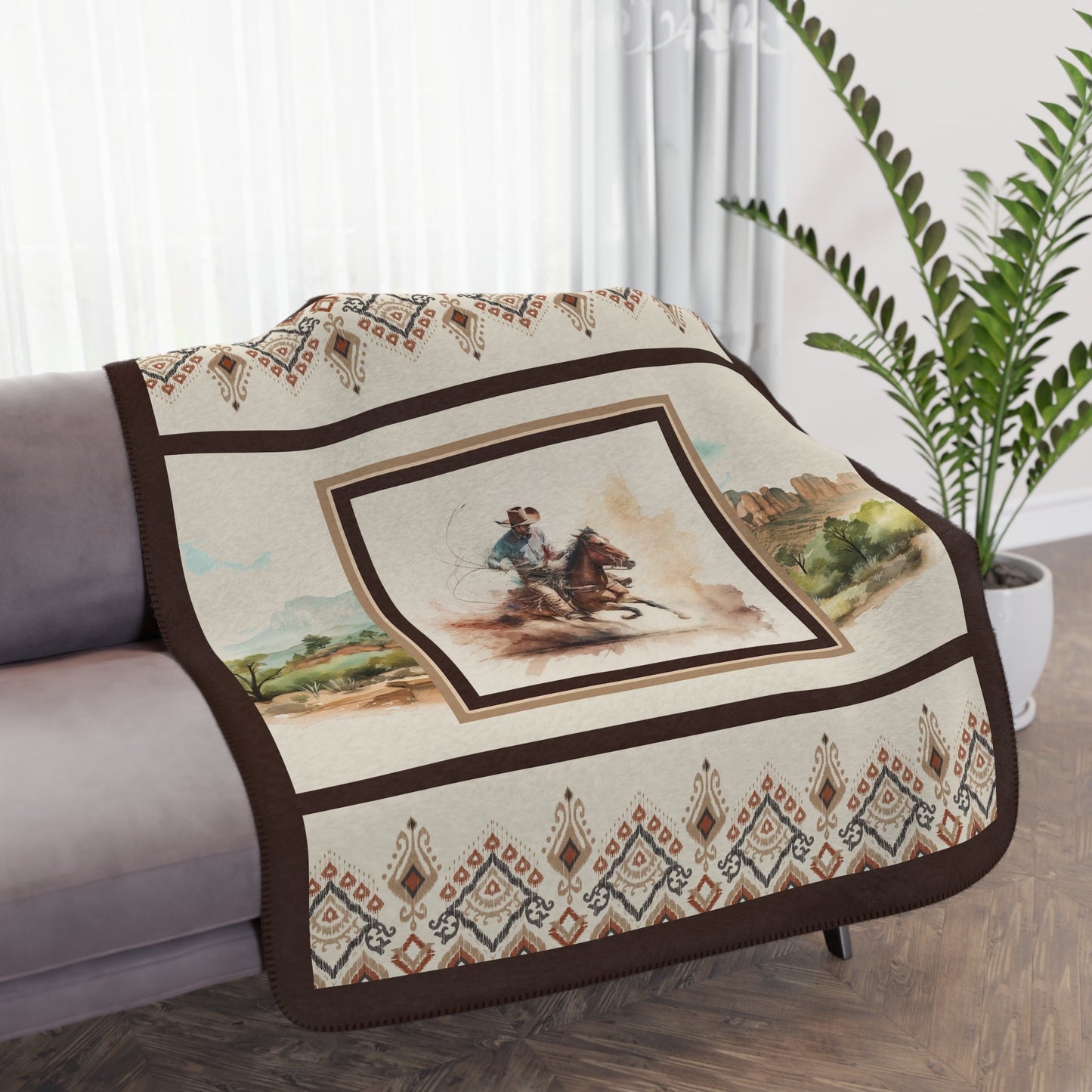 Cowboy Blanket, Western Horse Sherpa Throw, Southwest Colors, Watercolor Art - FlooredByArt