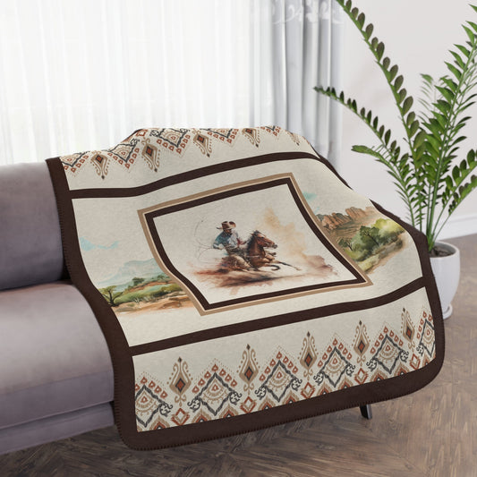 Cowboy Blanket, Western Horse Sherpa Throw, Southwest Colors, Watercolor Art - FlooredByArt