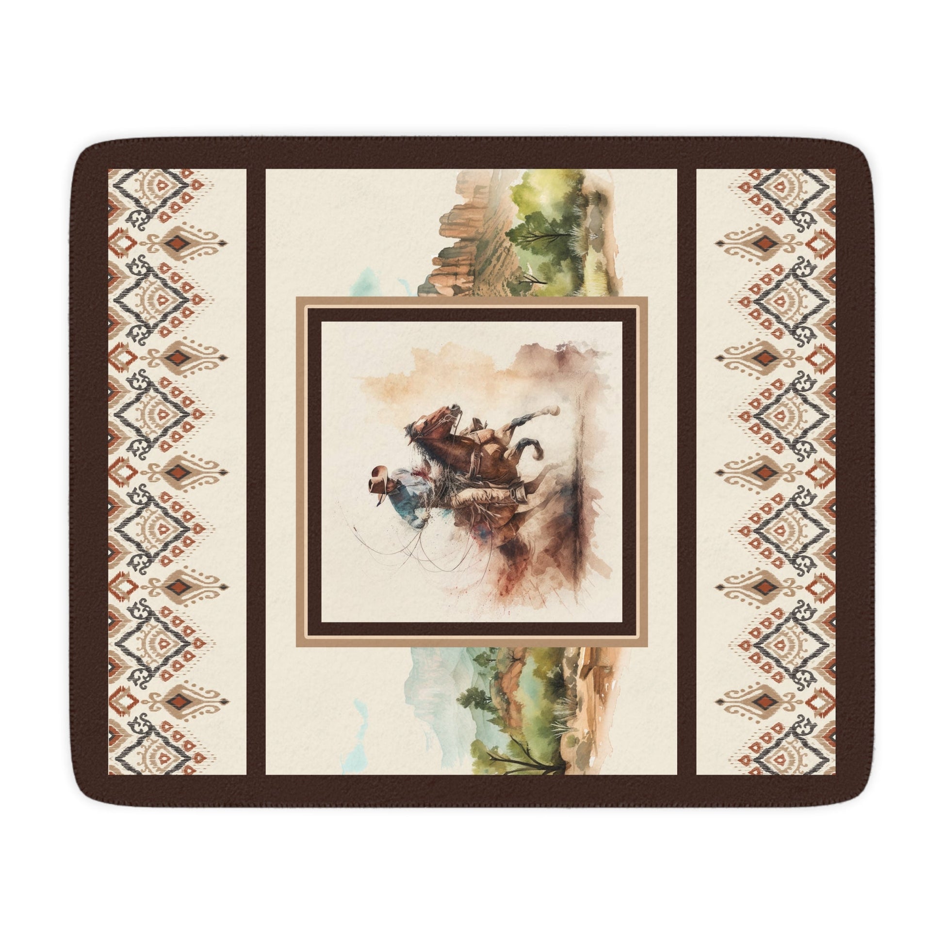 Cowboy Blanket, Western Horse Sherpa Throw, Southwest Colors, Watercolor Art - FlooredByArt