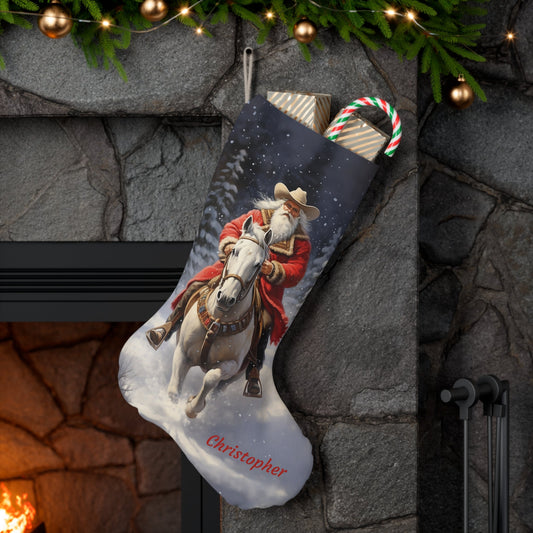 Custom Santa Claus & Horse Christmas Stocking, Personalized EX Large Holiday Stocking - FlooredByArt
