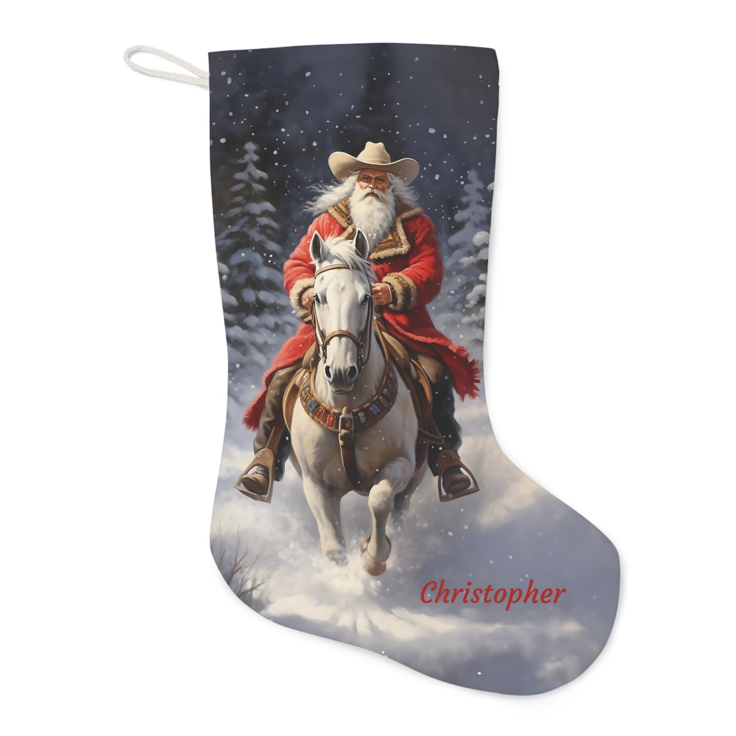 Custom Santa Claus & Horse Christmas Stocking, Personalized EX Large Holiday Stocking - FlooredByArt