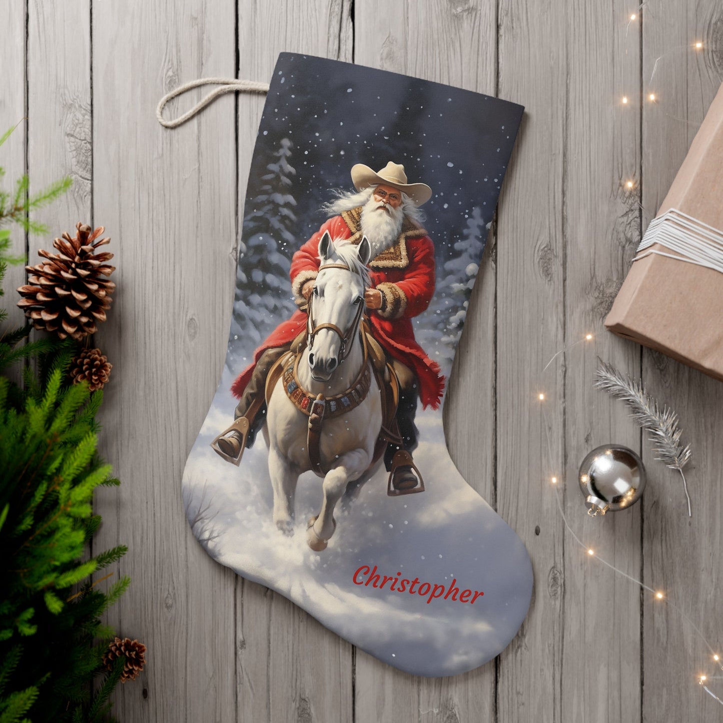 Custom Santa Claus & Horse Christmas Stocking, Personalized EX Large Holiday Stocking - FlooredByArt