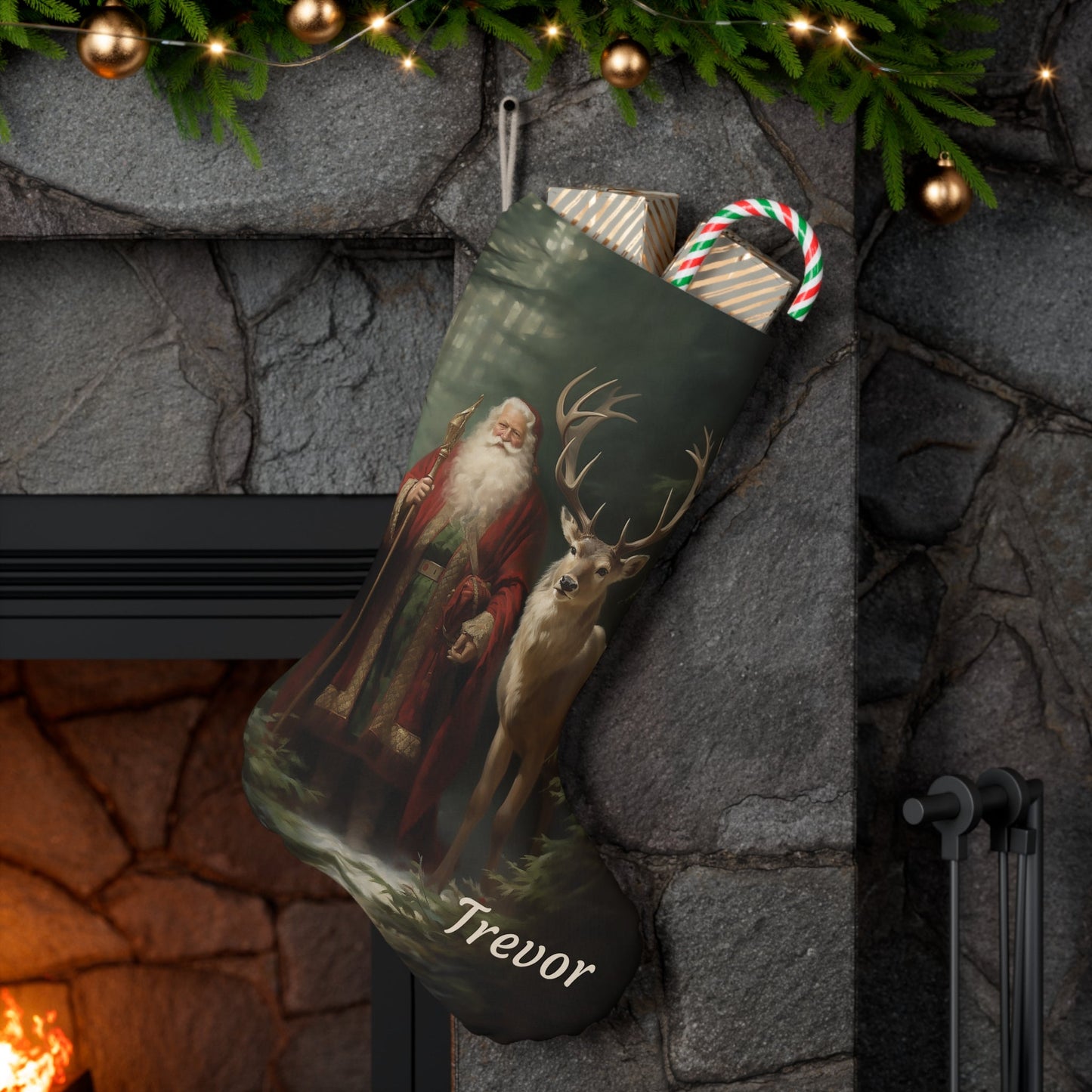 Custom Victorian Santa & Deer Christmas Stocking, Personalized Extra Large Holiday Stocking - FlooredByArt