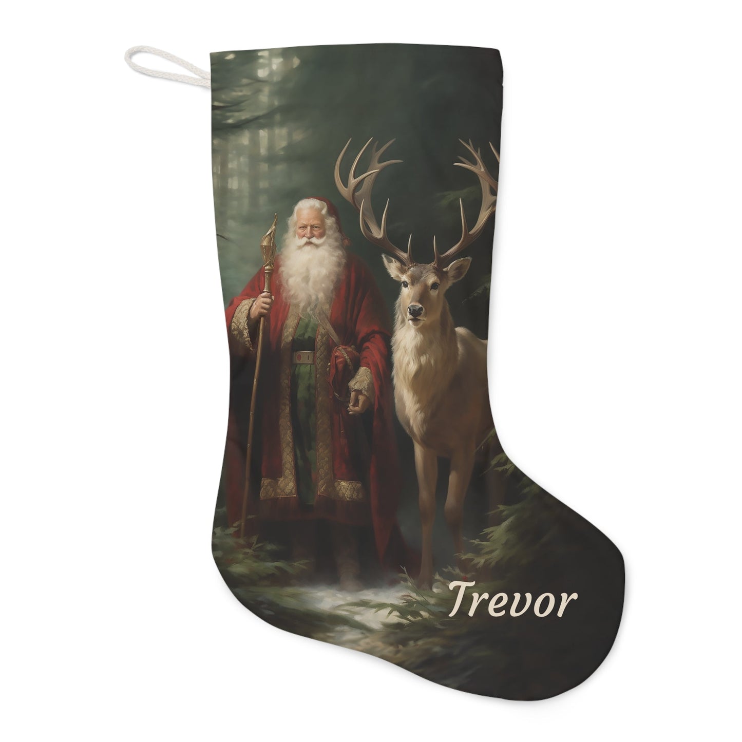Custom Victorian Santa & Deer Christmas Stocking, Personalized Extra Large Holiday Stocking - FlooredByArt