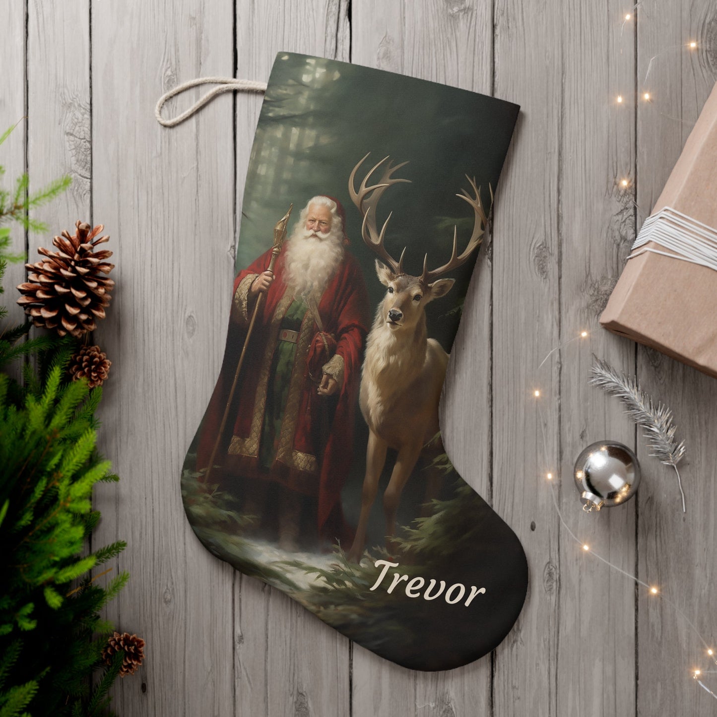 Custom Victorian Santa & Deer Christmas Stocking, Personalized Extra Large Holiday Stocking - FlooredByArt